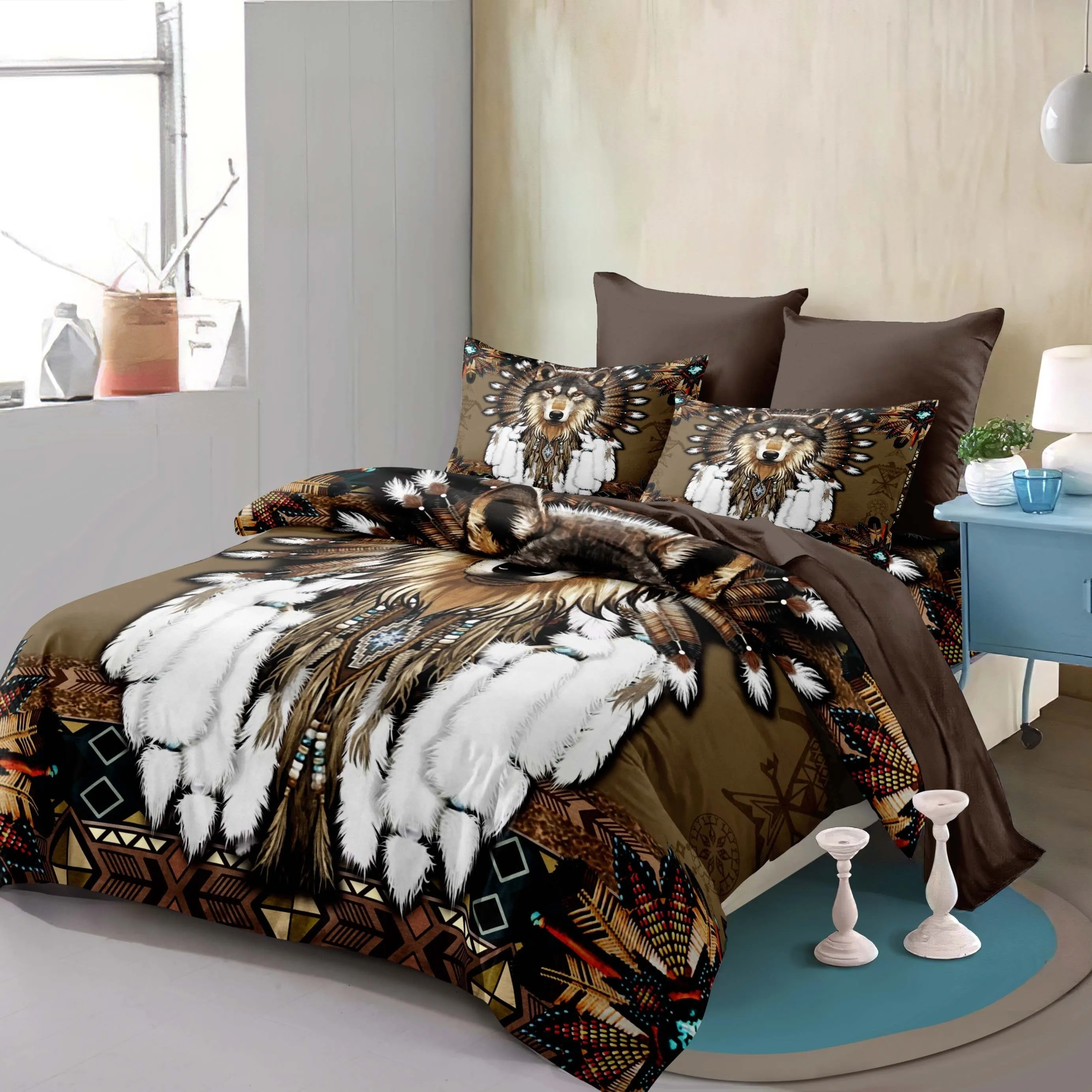 2/3pcs Dreamcatcher Bedding Set - Soft, Comfortable, Ethnic-Inspired Duvet Cover Set with Wolf Pattern for Country-Style Bedroom Decoration - 1 Duvet Cover   1/2 Pillowcase, Coreless, Easy Care, Hypoallergenic, and Breathable