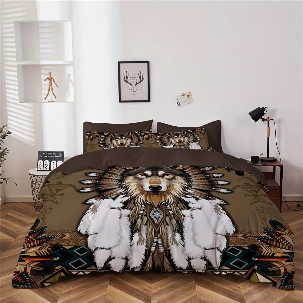 2/3pcs Dreamcatcher Bedding Set - Soft, Comfortable, Ethnic-Inspired Duvet Cover Set with Wolf Pattern for Country-Style Bedroom Decoration - 1 Duvet Cover   1/2 Pillowcase, Coreless, Easy Care, Hypoallergenic, and Breathable