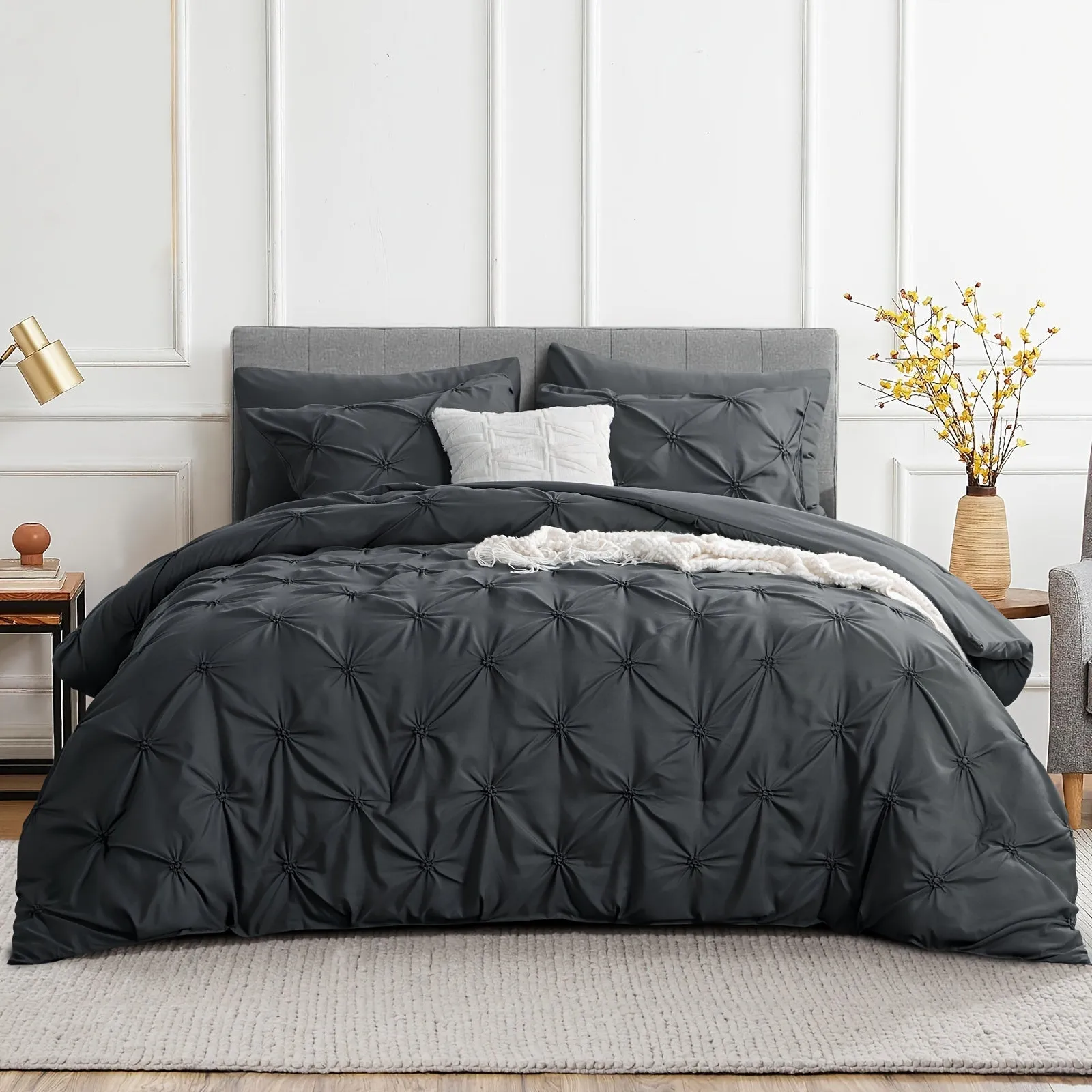 2/3pcs Pintuck Luxury Comforter Set - Soft, Lightweight, Anthracite Grey Pinch Pleated Design, Down Alternative Filling, All-Season, Queen Size Bed, 2 Pillow Shams Included, Easy Care, Hypoallergenic, and Breathable