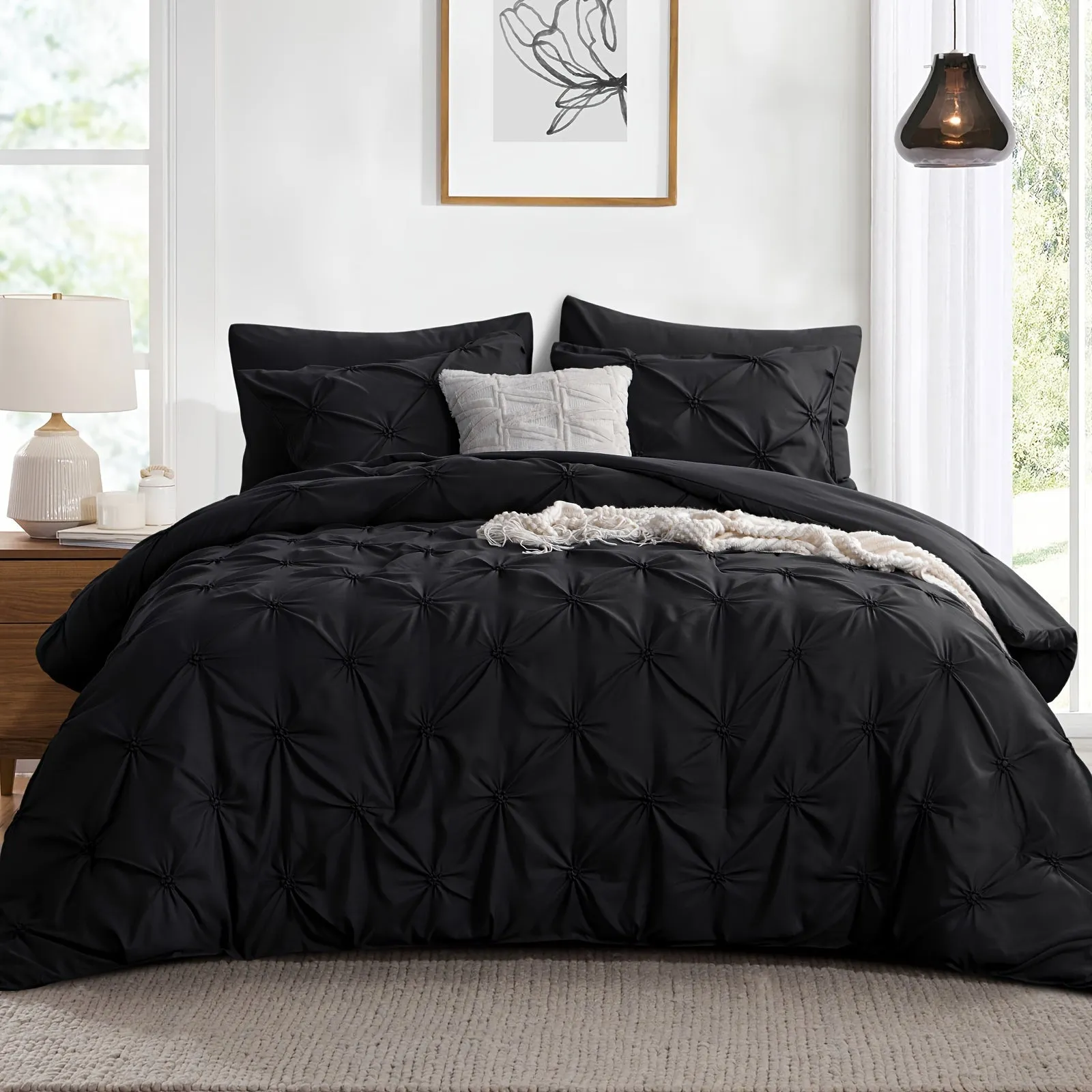 2/3pcs Pintuck Luxury Comforter Set - Soft, Lightweight, Anthracite Grey Pinch Pleated Design, Down Alternative Filling, All-Season, Queen Size Bed, 2 Pillow Shams Included, Easy Care, Hypoallergenic, and Breathable