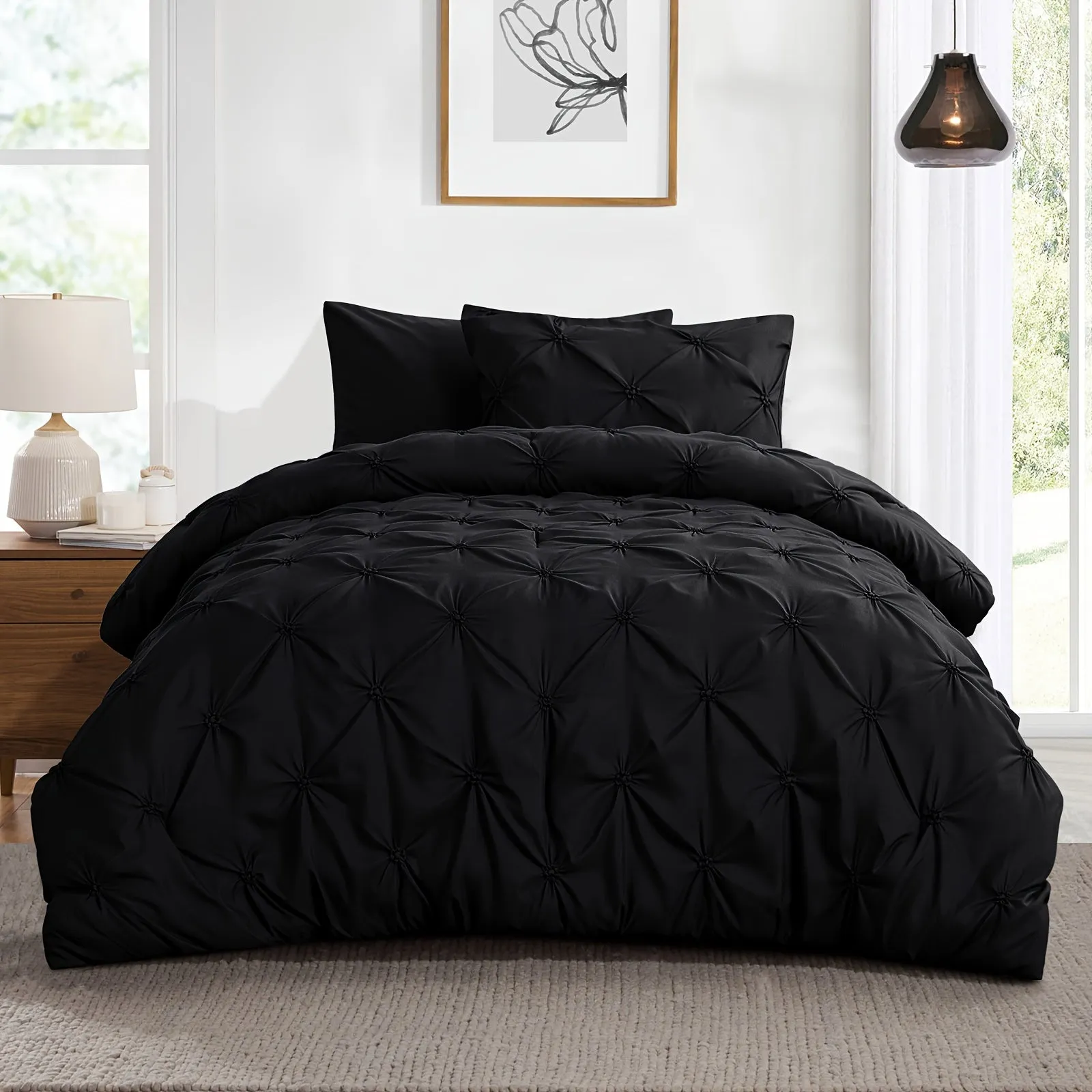 2/3pcs Pintuck Luxury Comforter Set - Soft, Lightweight, Anthracite Grey Pinch Pleated Design, Down Alternative Filling, All-Season, Queen Size Bed, 2 Pillow Shams Included, Easy Care, Hypoallergenic, and Breathable