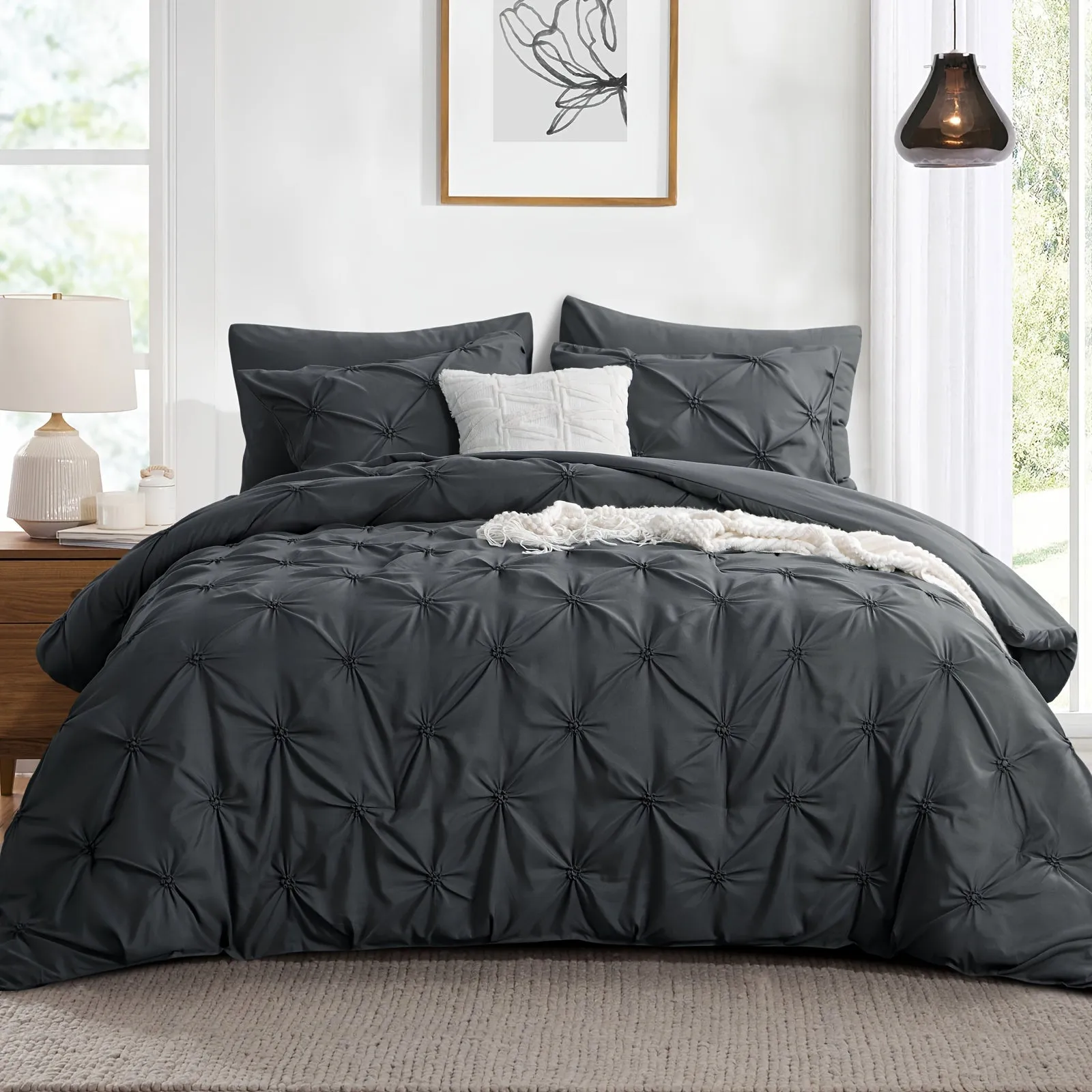 2/3pcs Pintuck Luxury Comforter Set - Soft, Lightweight, Anthracite Grey Pinch Pleated Design, Down Alternative Filling, All-Season, Queen Size Bed, 2 Pillow Shams Included, Easy Care, Hypoallergenic, and Breathable