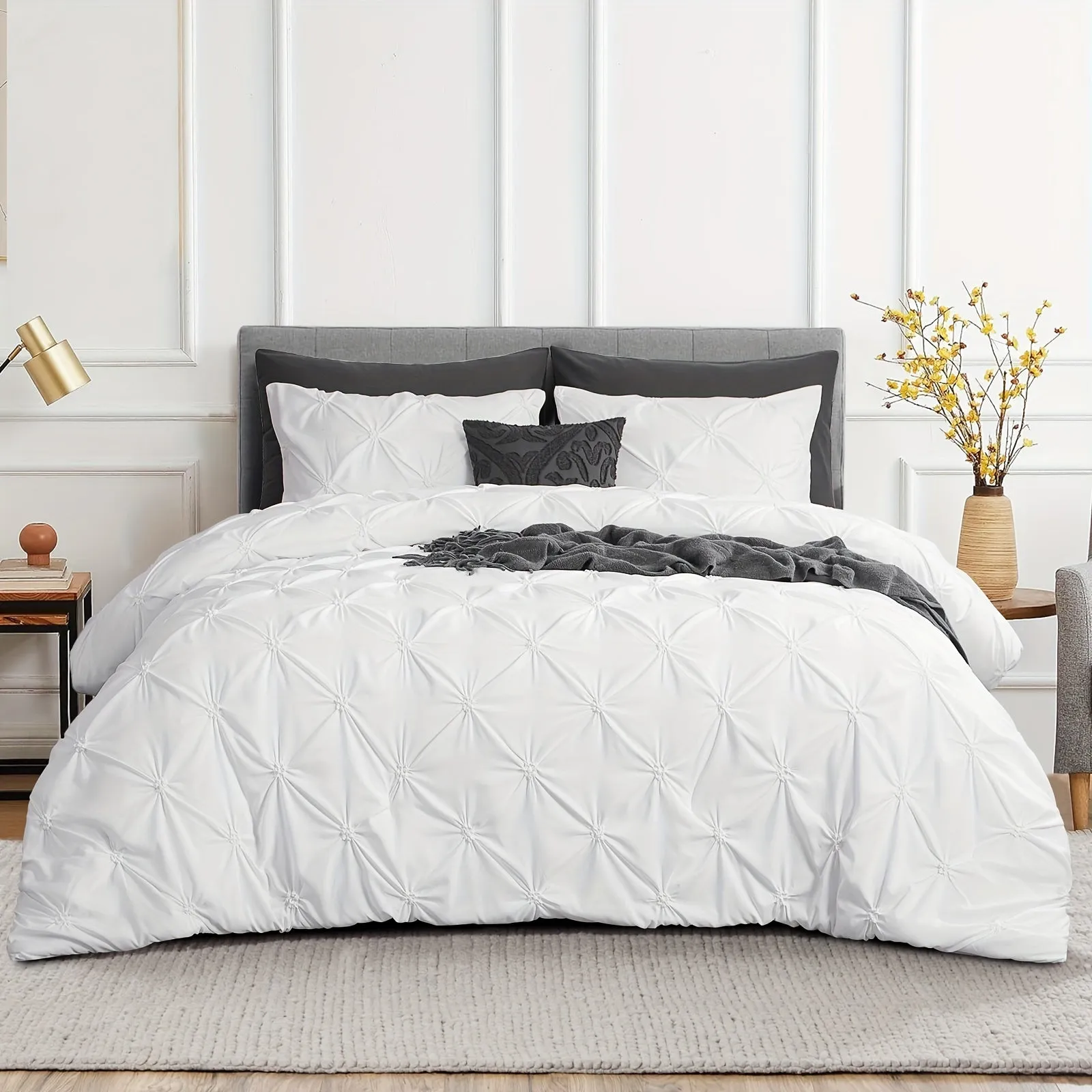 2/3pcs Pintuck Luxury Comforter Set - Soft, Lightweight, Anthracite Grey Pinch Pleated Design, Down Alternative Filling, All-Season, Queen Size Bed, 2 Pillow Shams Included, Easy Care, Hypoallergenic, and Breathable