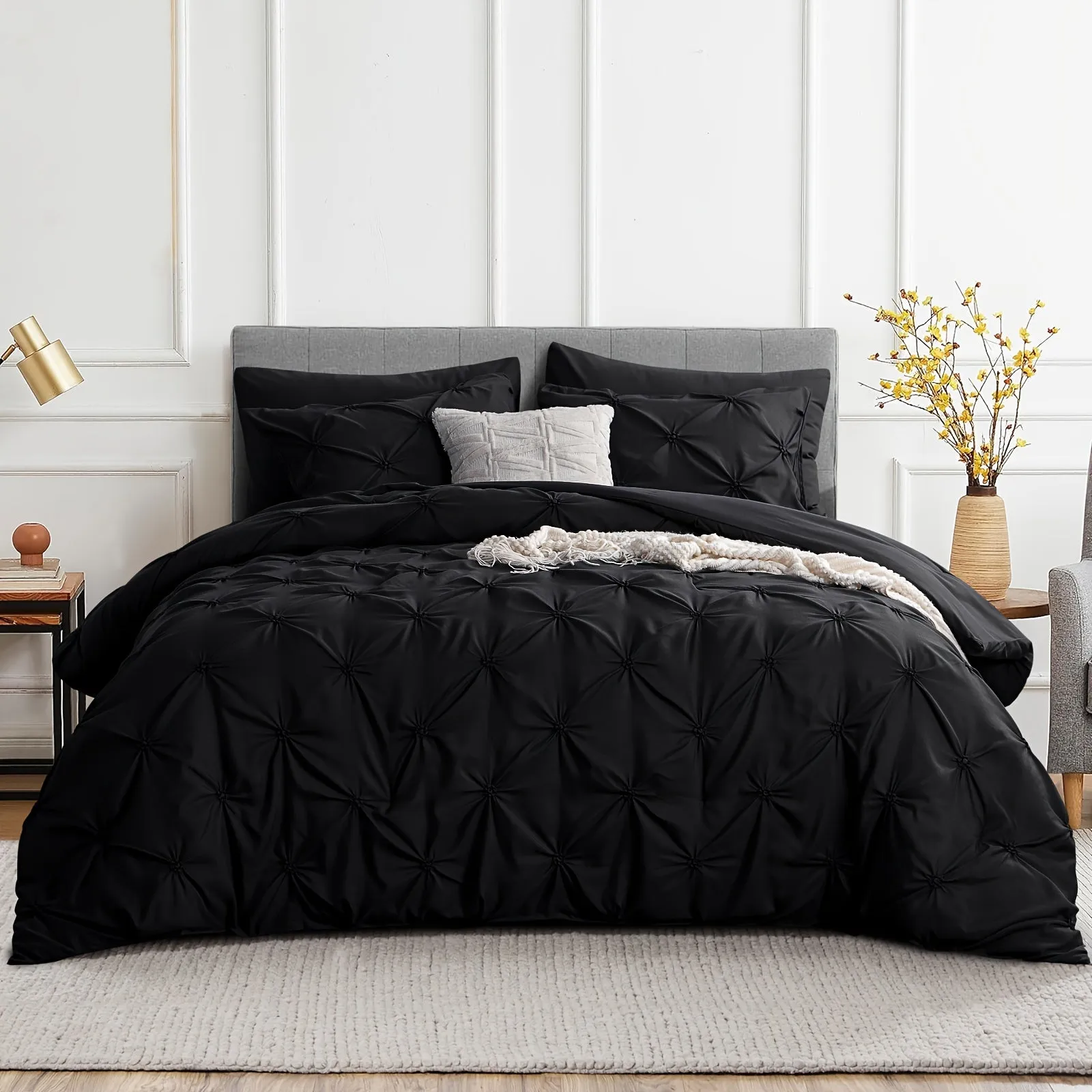 2/3pcs Pintuck Luxury Comforter Set - Soft, Lightweight, Anthracite Grey Pinch Pleated Design, Down Alternative Filling, All-Season, Queen Size Bed, 2 Pillow Shams Included, Easy Care, Hypoallergenic, and Breathable