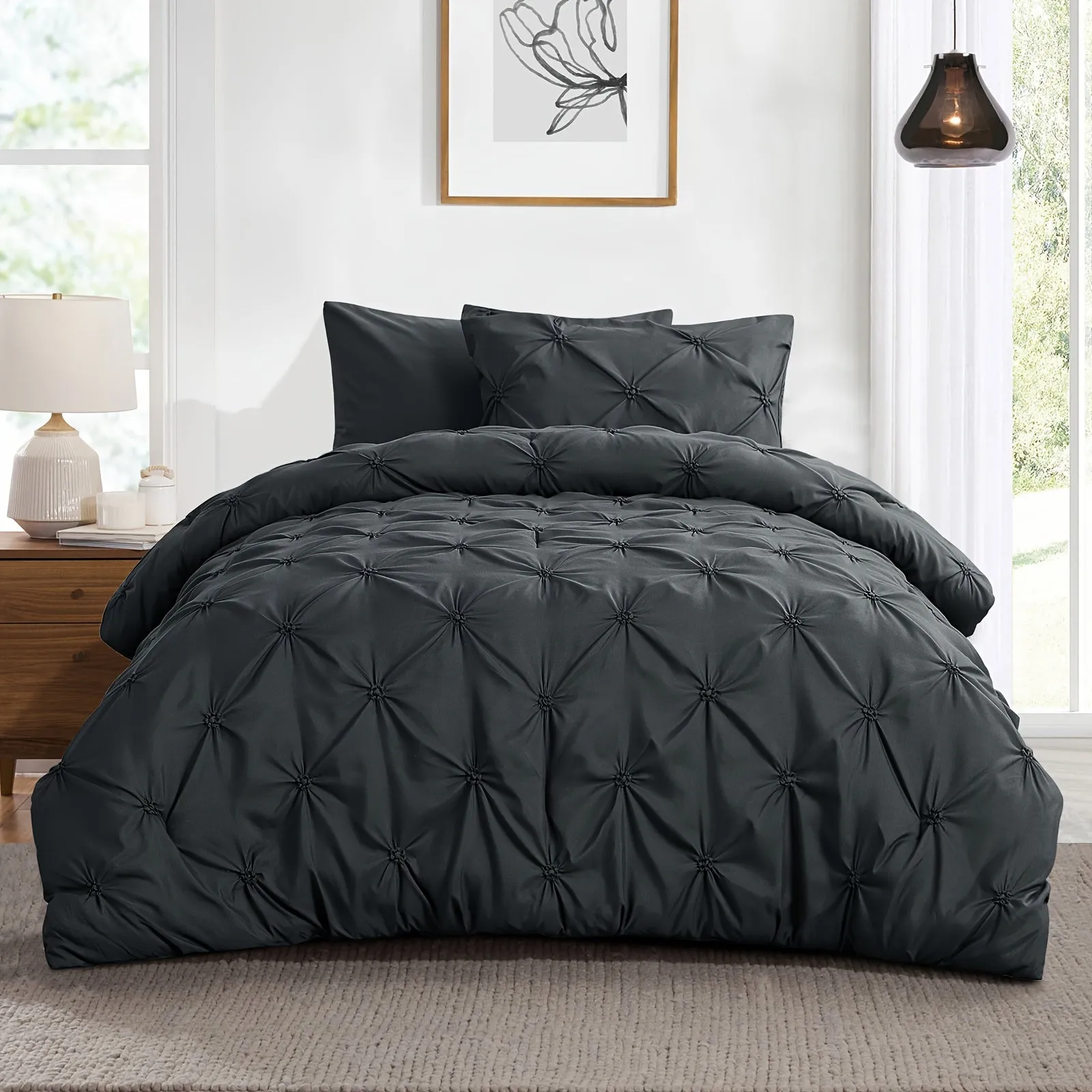 2/3pcs Pintuck Luxury Comforter Set - Soft, Lightweight, Anthracite Grey Pinch Pleated Design, Down Alternative Filling, All-Season, Queen Size Bed, 2 Pillow Shams Included, Easy Care, Hypoallergenic, and Breathable