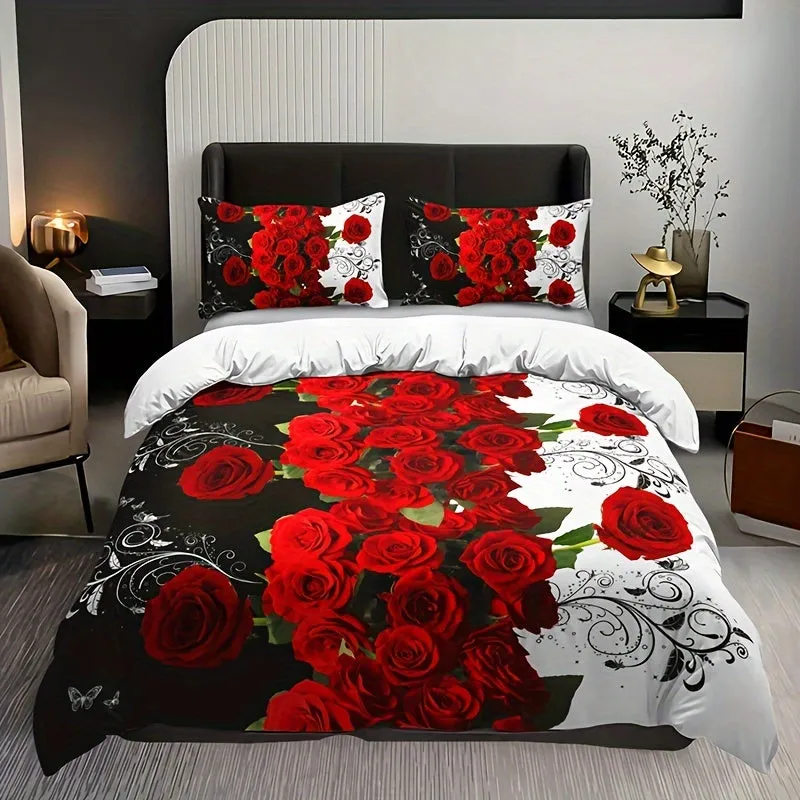 3pc Romantic Red Rose Duvet Cover Set - Luxuriously Soft & Comfortable Bedding - Vibrant Floral Print - Hypoallergenic, Guest Room Ready (1 Duvet Cover   2 Pillowcases, No Core)