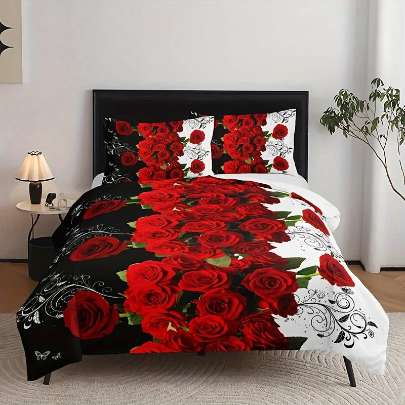 3pc Romantic Red Rose Duvet Cover Set - Luxuriously Soft & Comfortable Bedding - Vibrant Floral Print - Hypoallergenic, Guest Room Ready (1 Duvet Cover   2 Pillowcases, No Core)