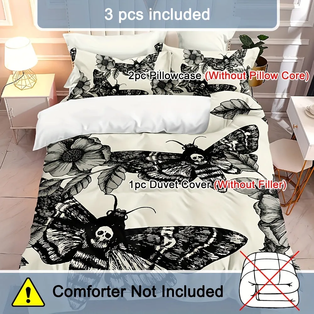 3pcs/set Deaths Head Moth & Flower Luxury Duvet Cover Set - Soft Hypoallergenic Bedding for a Dreamy Sleep - 1 Duvet   2 Pillowcases, Breathable & Stylish Design, Easy Care, Machine Washable