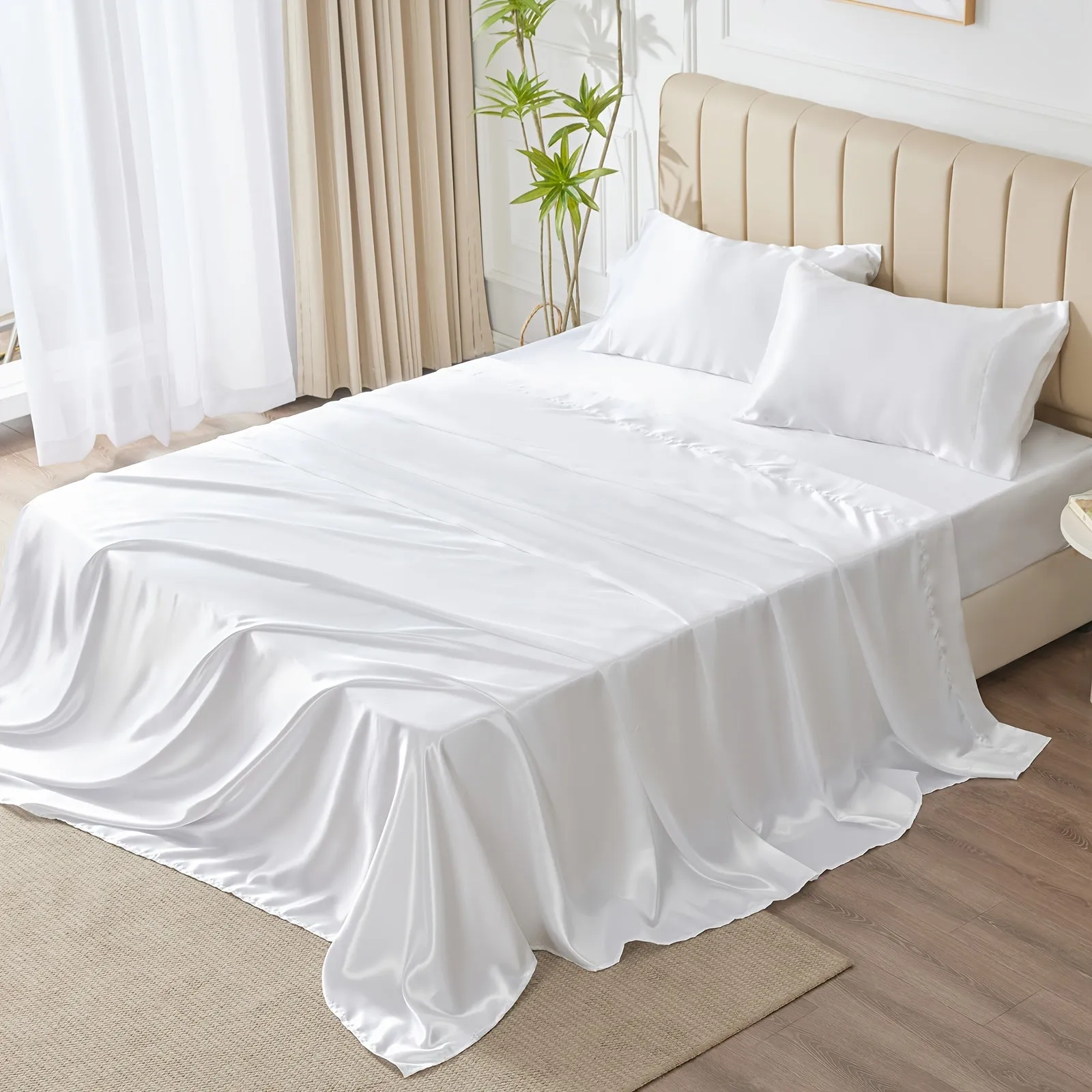 4-Piece Luxurious Satin Sheet Set - Soft, Silky Microfiber, Deep Pocket Fitted Sheet, Flat Sheet, and 2 Pillowcases for Ultimate Comfort and Smoothness - Breathable, Hypoallergenic, and Wrinkle-Resistant Bedding