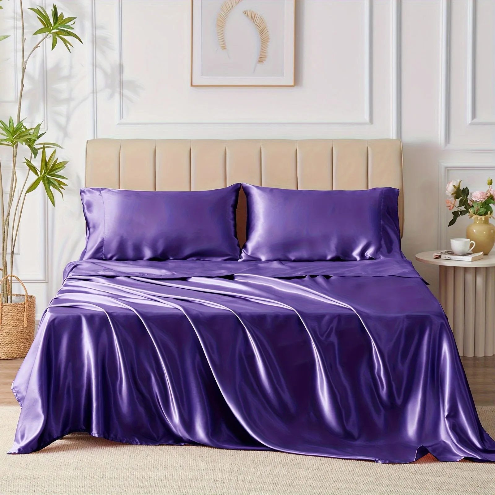 4-Piece Luxurious Satin Sheet Set - Soft, Silky Microfiber, Deep Pocket Fitted Sheet, Flat Sheet, and 2 Pillowcases for Ultimate Comfort and Smoothness - Breathable, Hypoallergenic, and Wrinkle-Resistant Bedding