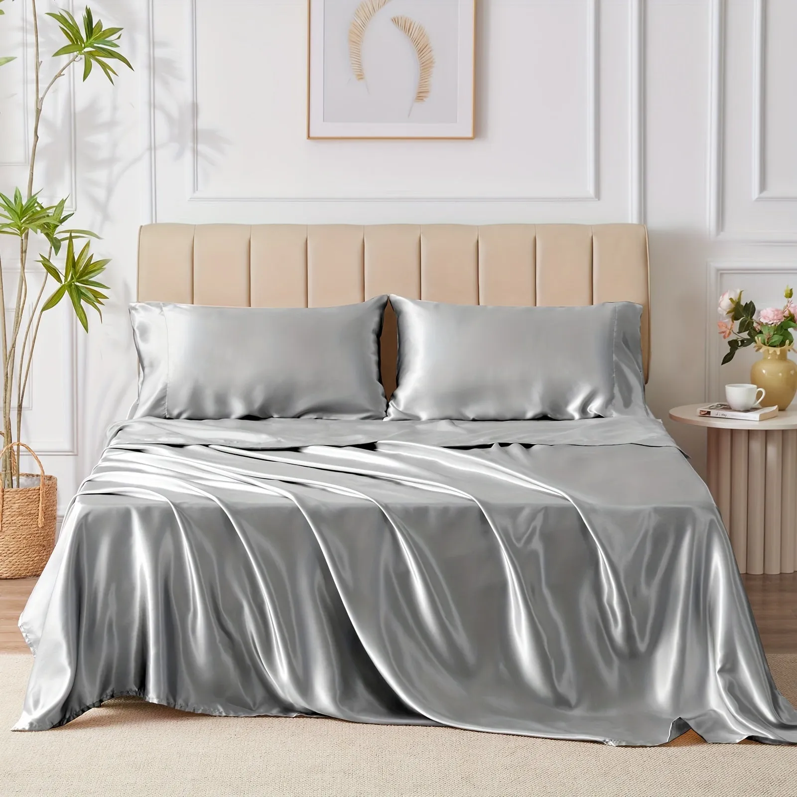 4-Piece Luxurious Satin Sheet Set - Soft, Silky Microfiber, Deep Pocket Fitted Sheet, Flat Sheet, and 2 Pillowcases for Ultimate Comfort and Smoothness - Breathable, Hypoallergenic, and Wrinkle-Resistant Bedding