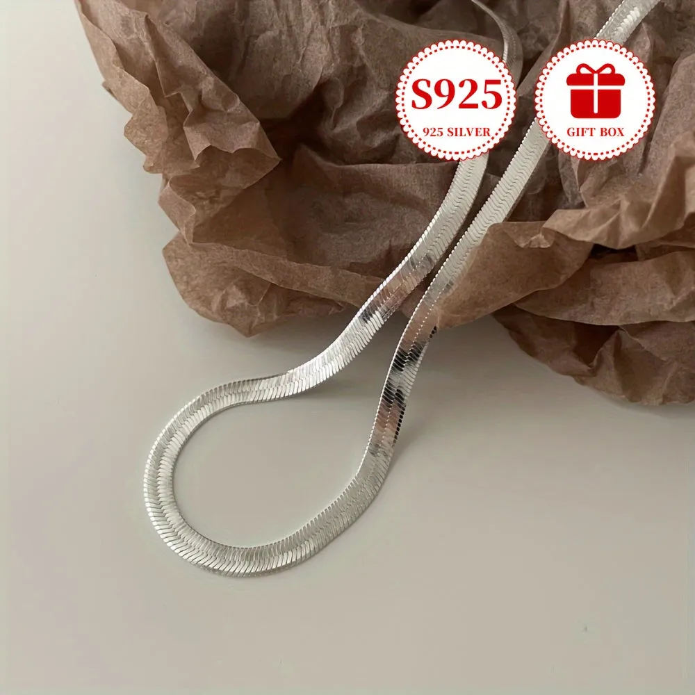 925 Sterling Silver Hypoallergenic Flat Snake Bone Chain Unique Design Necklace High-End Sense Minimalist Blade Chain Unisex Versatile Luxury Personalized Daily Wear Exquisite Couple Jewelry For Holiday Gift With Anti-oxidation Box