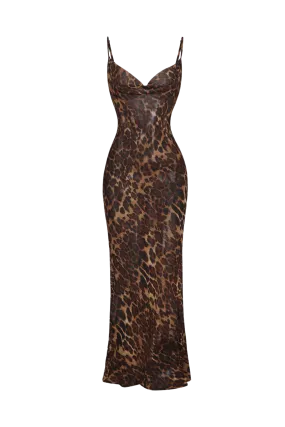 A&A Mesh Sheer Leopard Print Bodycon Maxi Dress