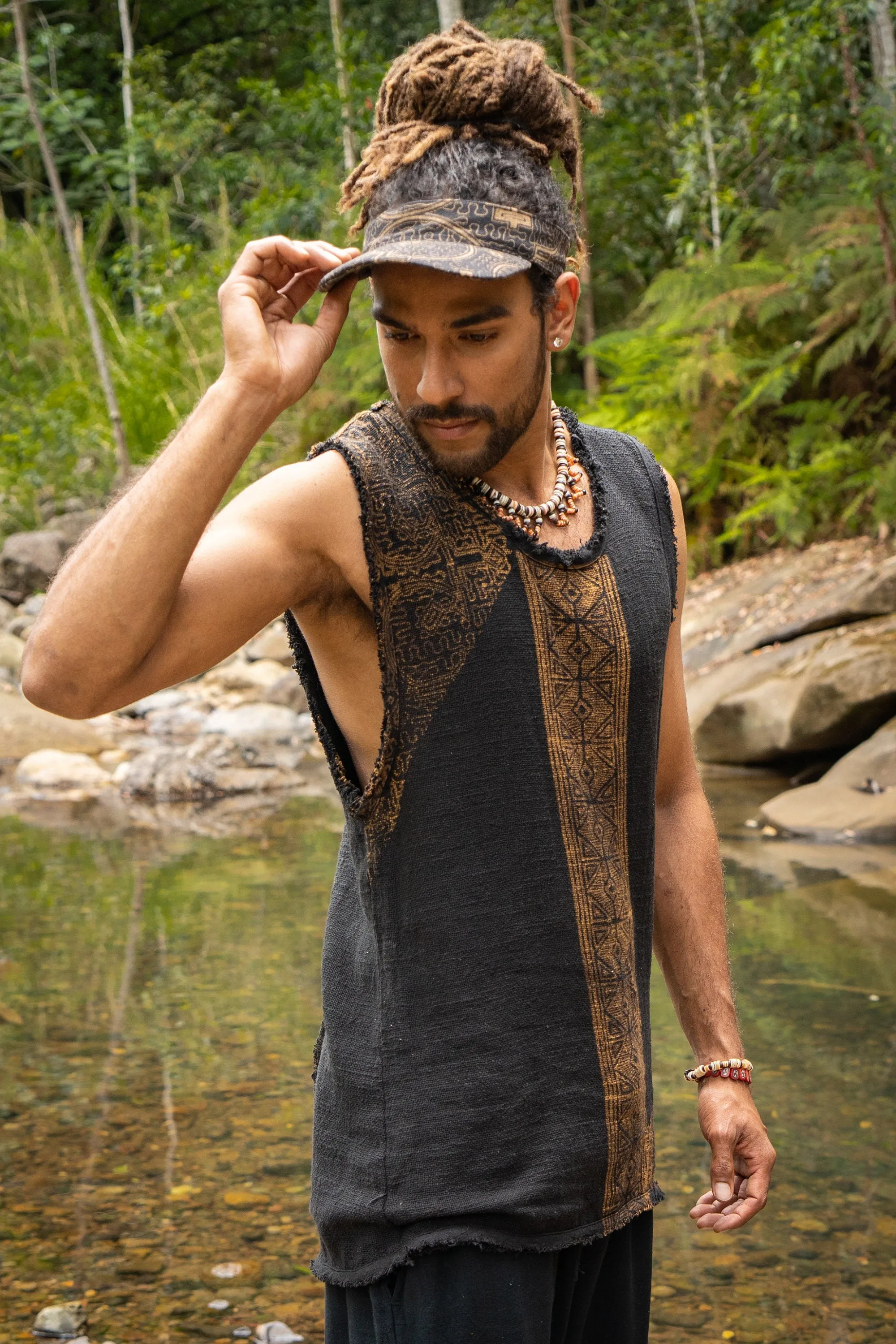 AKAU Black Tank Top Sleeveless Shirt Shipibo Block Printed Handmade Natural Muscle Cotton Shamanic Tribal Festival Ceremony Ritual AJJAYA