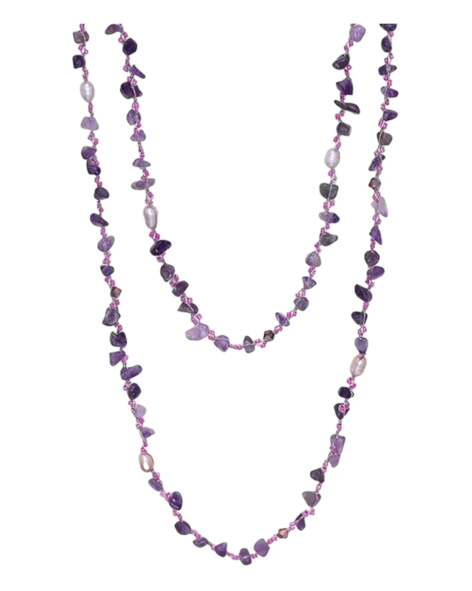 Amethyst and Freshwater Pearls Japanese Silk Cord Long 60" Beaded Wrap Necklace