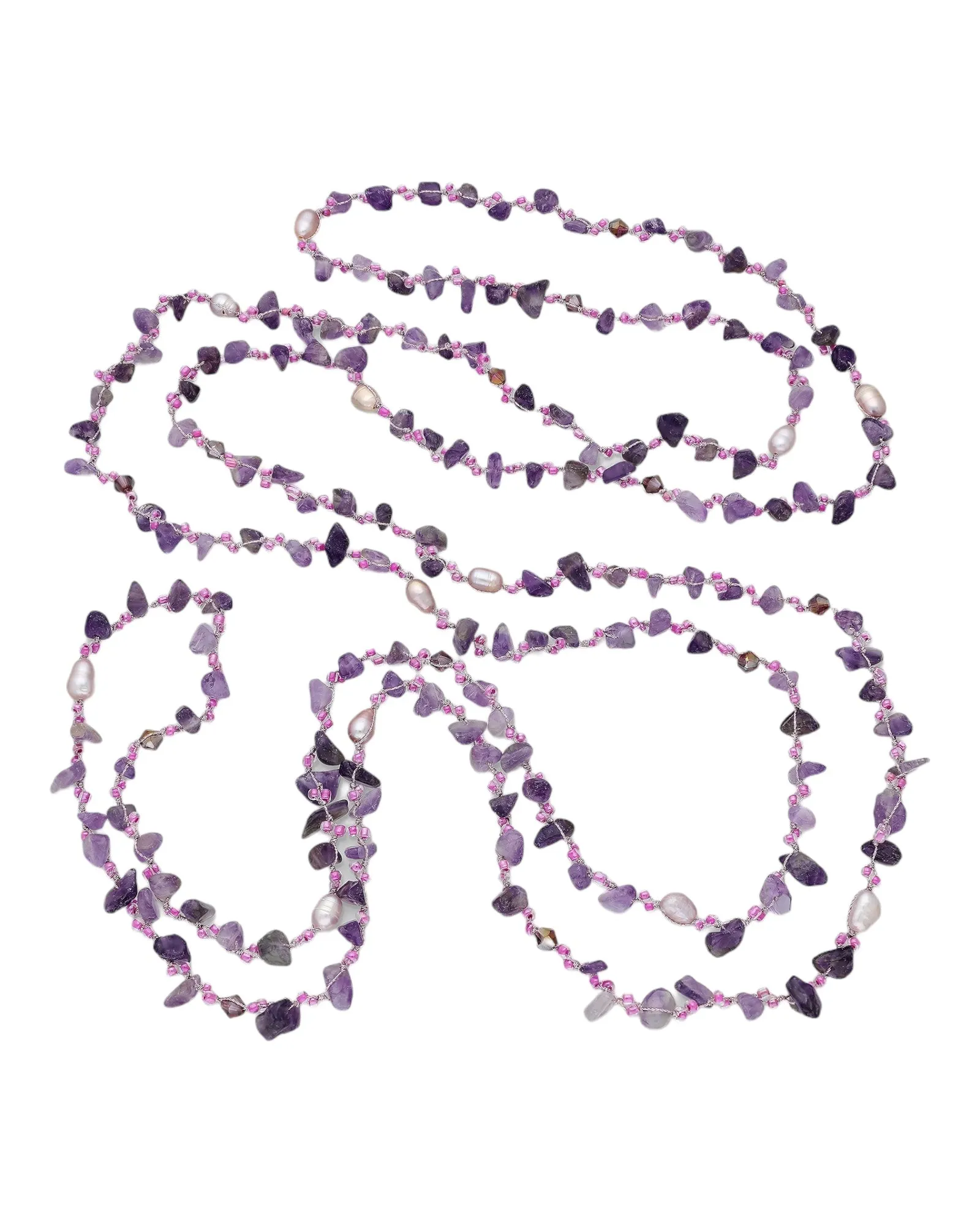 Amethyst and Freshwater Pearls Japanese Silk Cord Long 60" Beaded Wrap Necklace