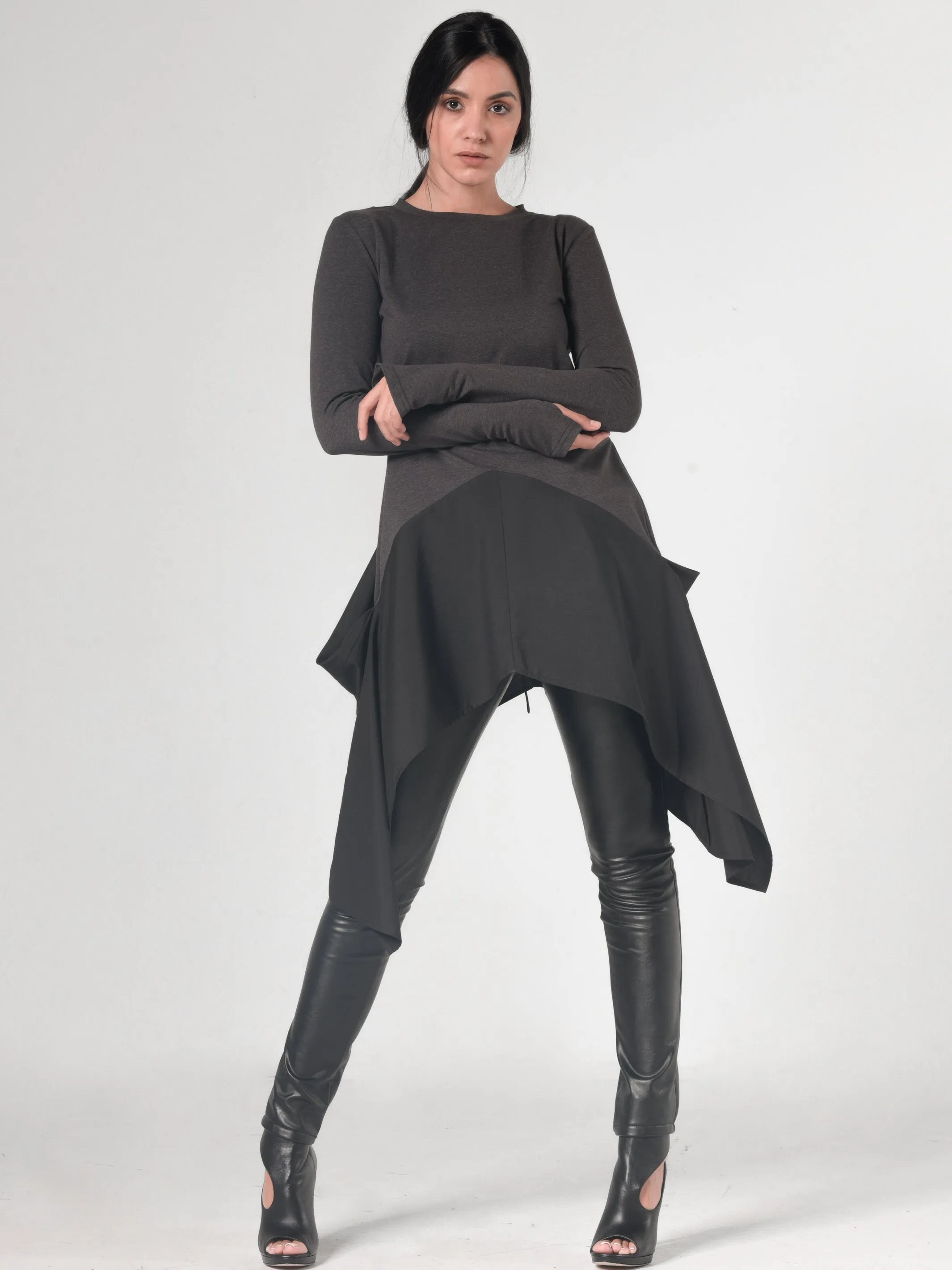 Asymmetric Dark Grey Tunic With Chiffon