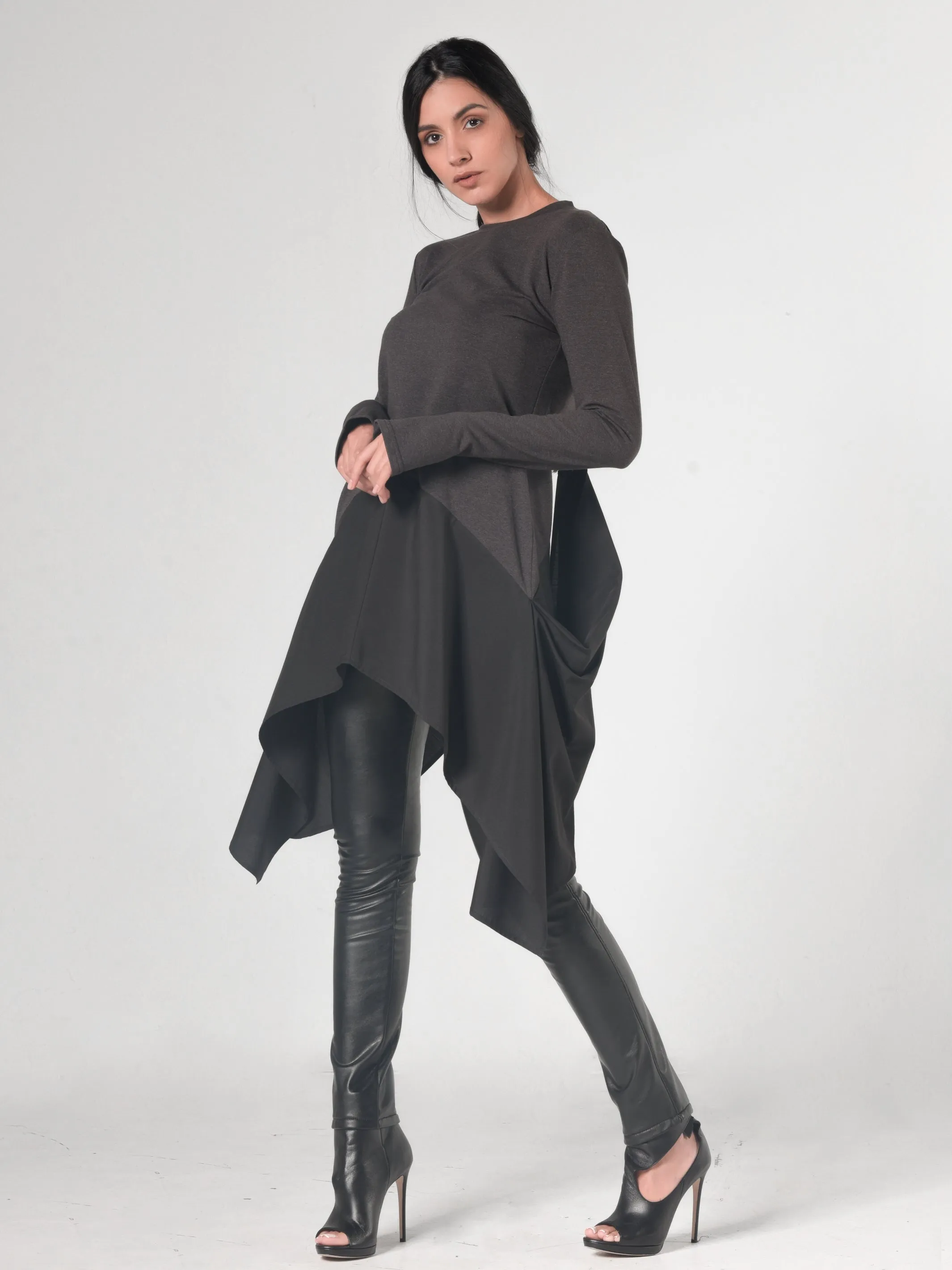 Asymmetric Dark Grey Tunic With Chiffon