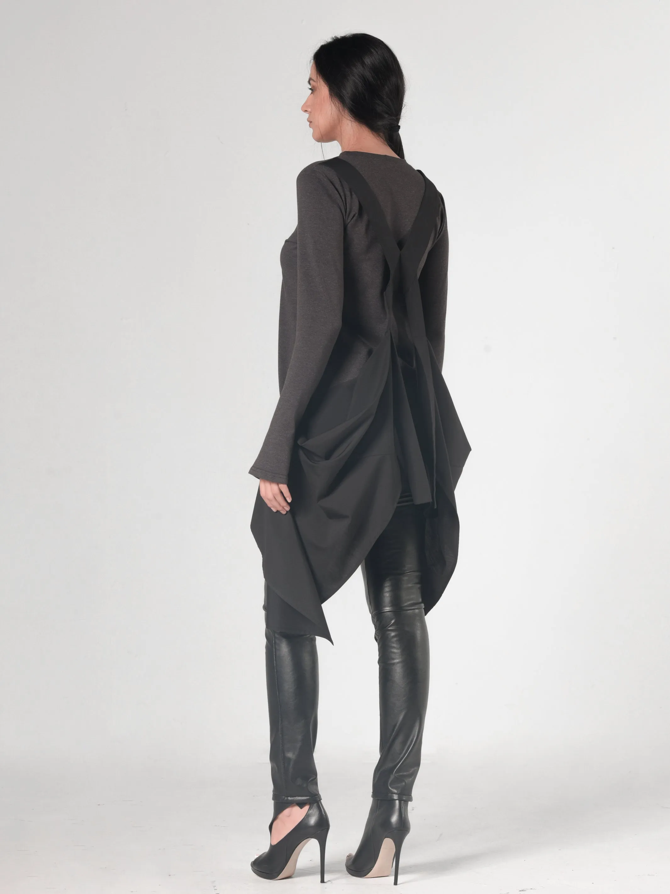 Asymmetric Dark Grey Tunic With Chiffon