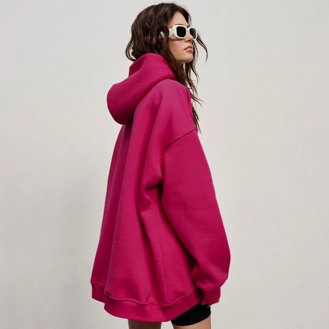 Athletic Style Oversized Drop Shoulder Winter Hooded Sweatshirt - Hot Pink