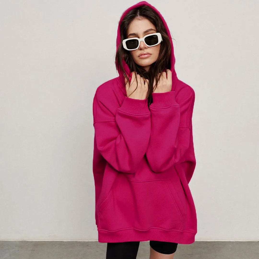 Athletic Style Oversized Drop Shoulder Winter Hooded Sweatshirt - Hot Pink