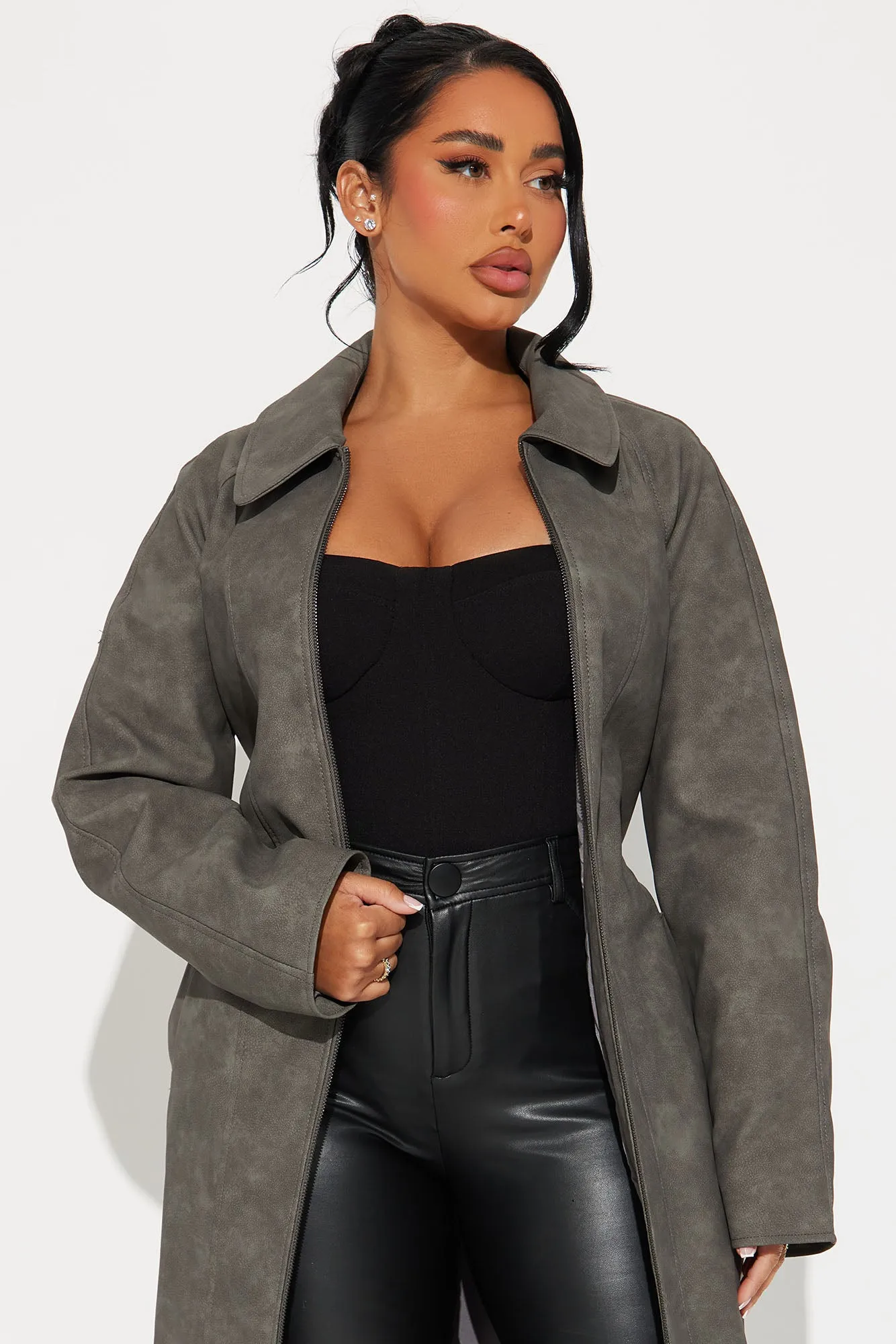 Ayana Washed Faux Leather Trench - Charcoal