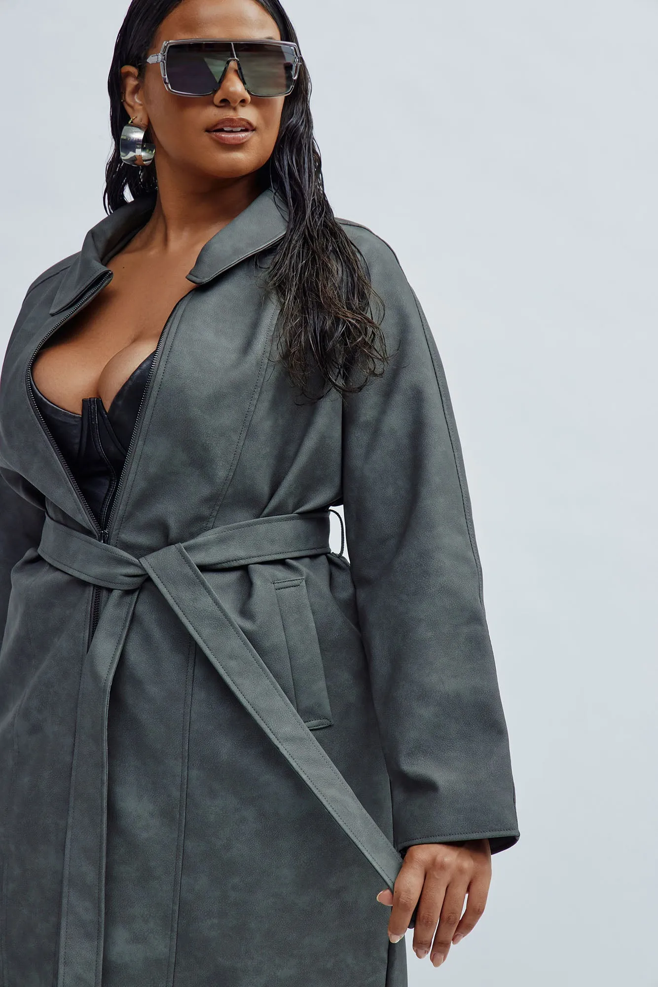 Ayana Washed Faux Leather Trench - Charcoal