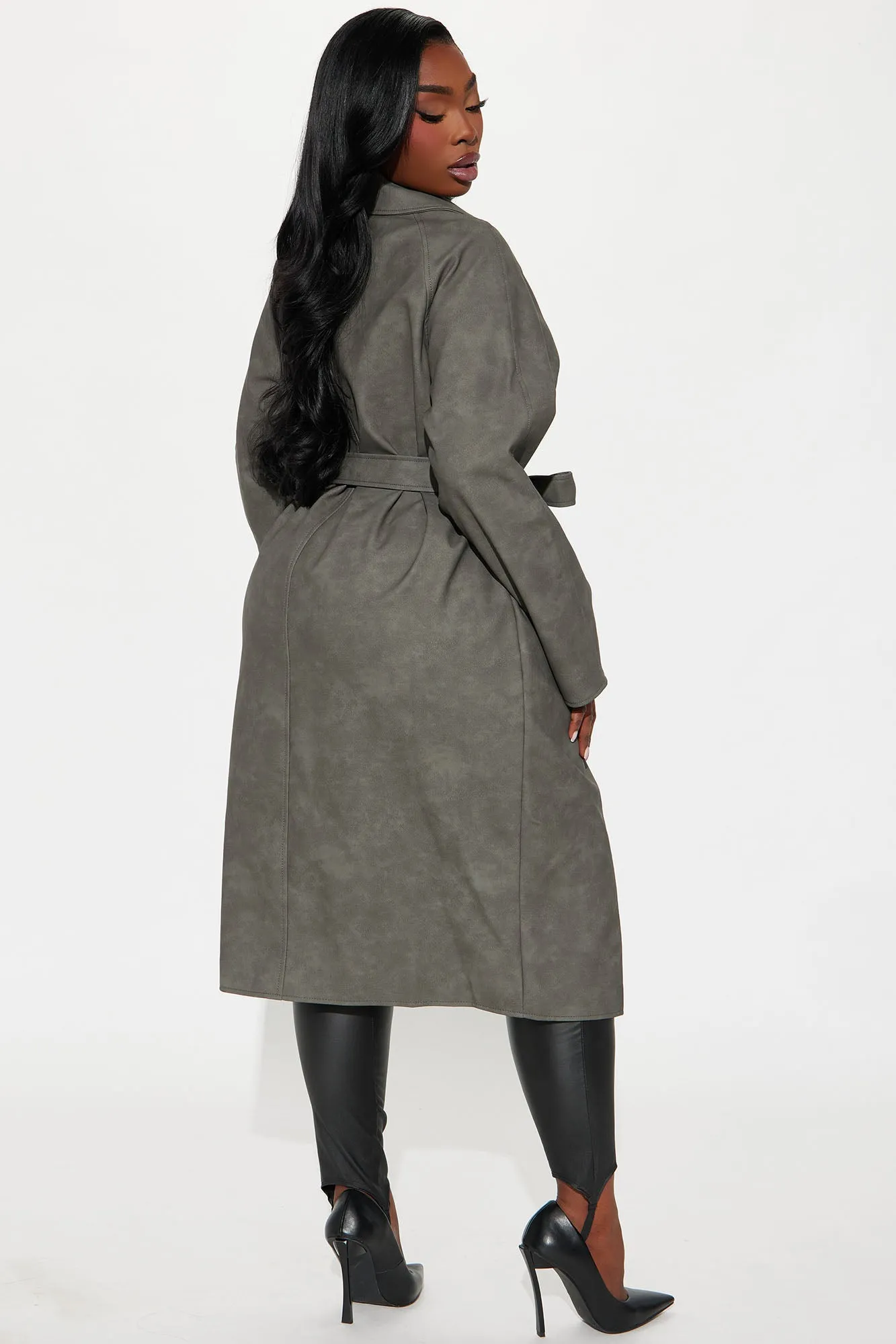 Ayana Washed Faux Leather Trench - Charcoal