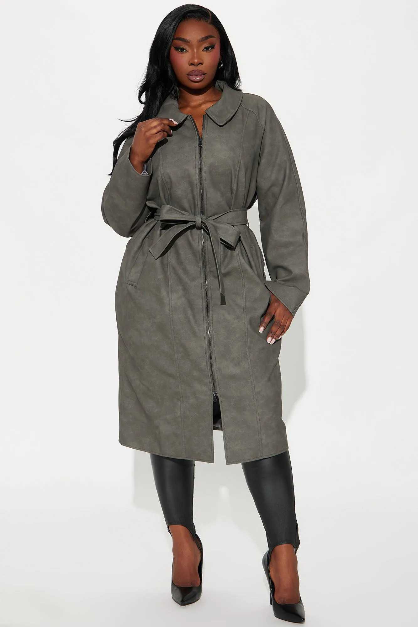 Ayana Washed Faux Leather Trench - Charcoal