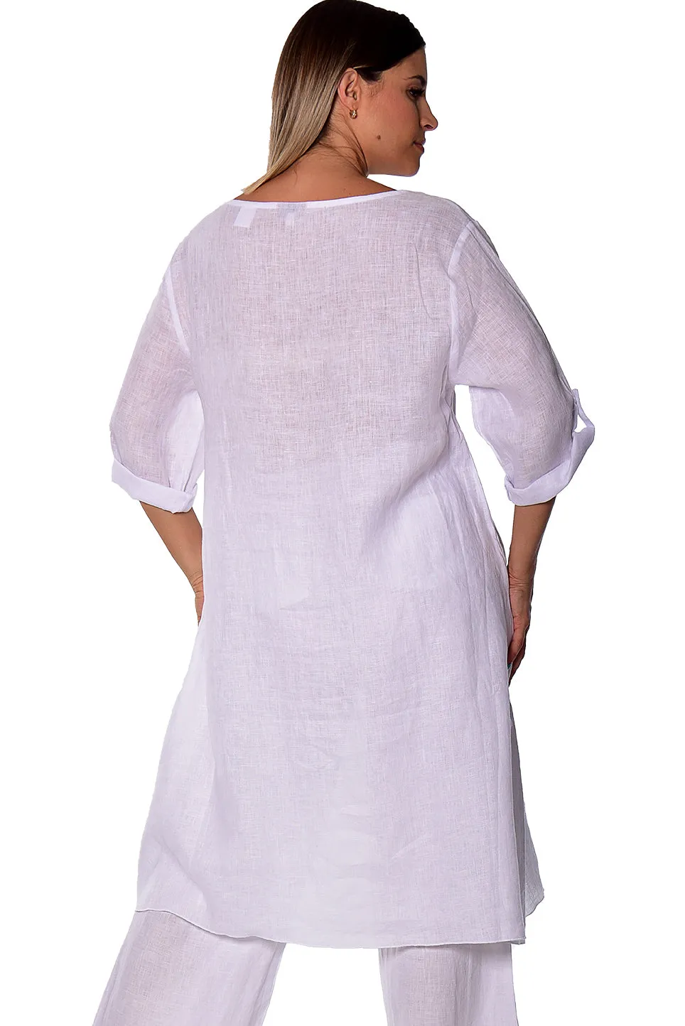 Azucar Linen Loose 3/4 Sleeve Tunic Rushed Draw String Hem- LLWB2073