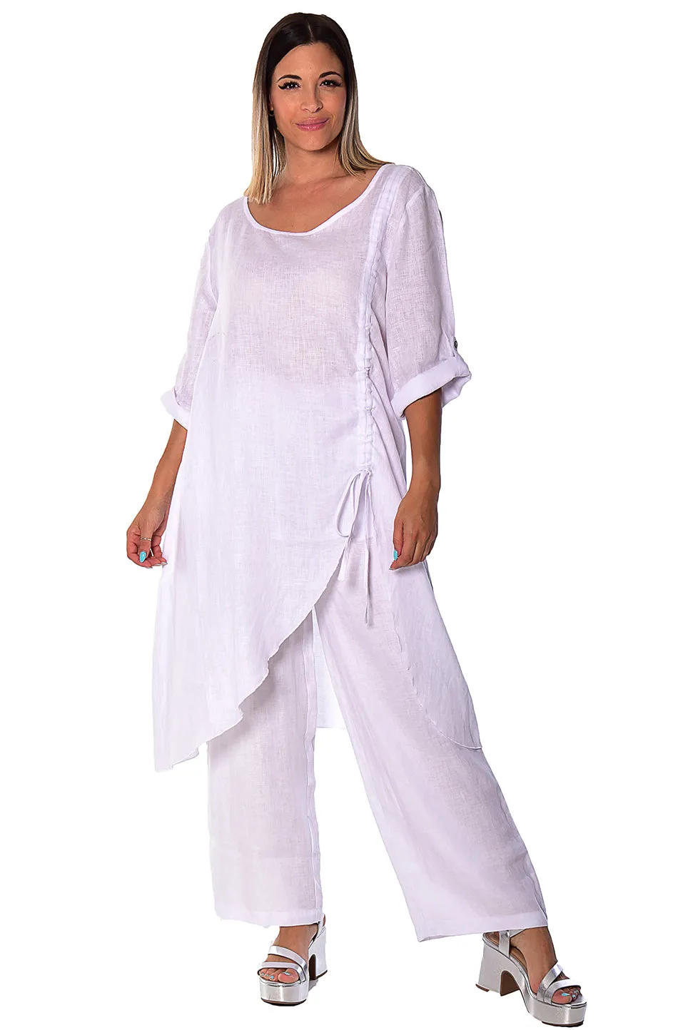 Azucar Linen Loose 3/4 Sleeve Tunic Rushed Draw String Hem- LLWB2073