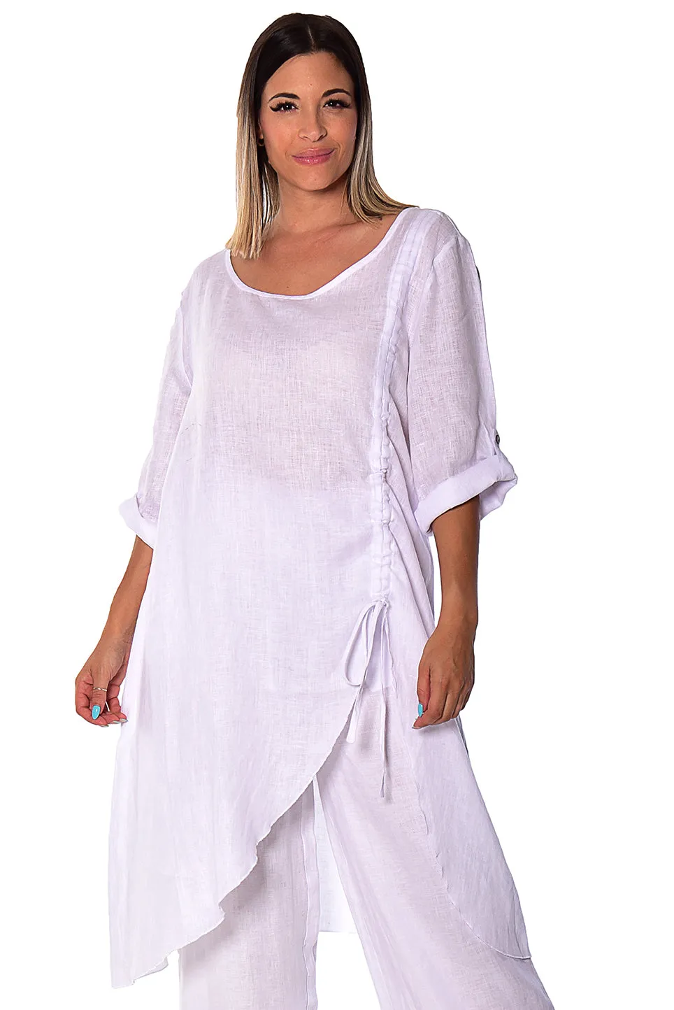 Azucar Linen Loose 3/4 Sleeve Tunic Rushed Draw String Hem- LLWB2073