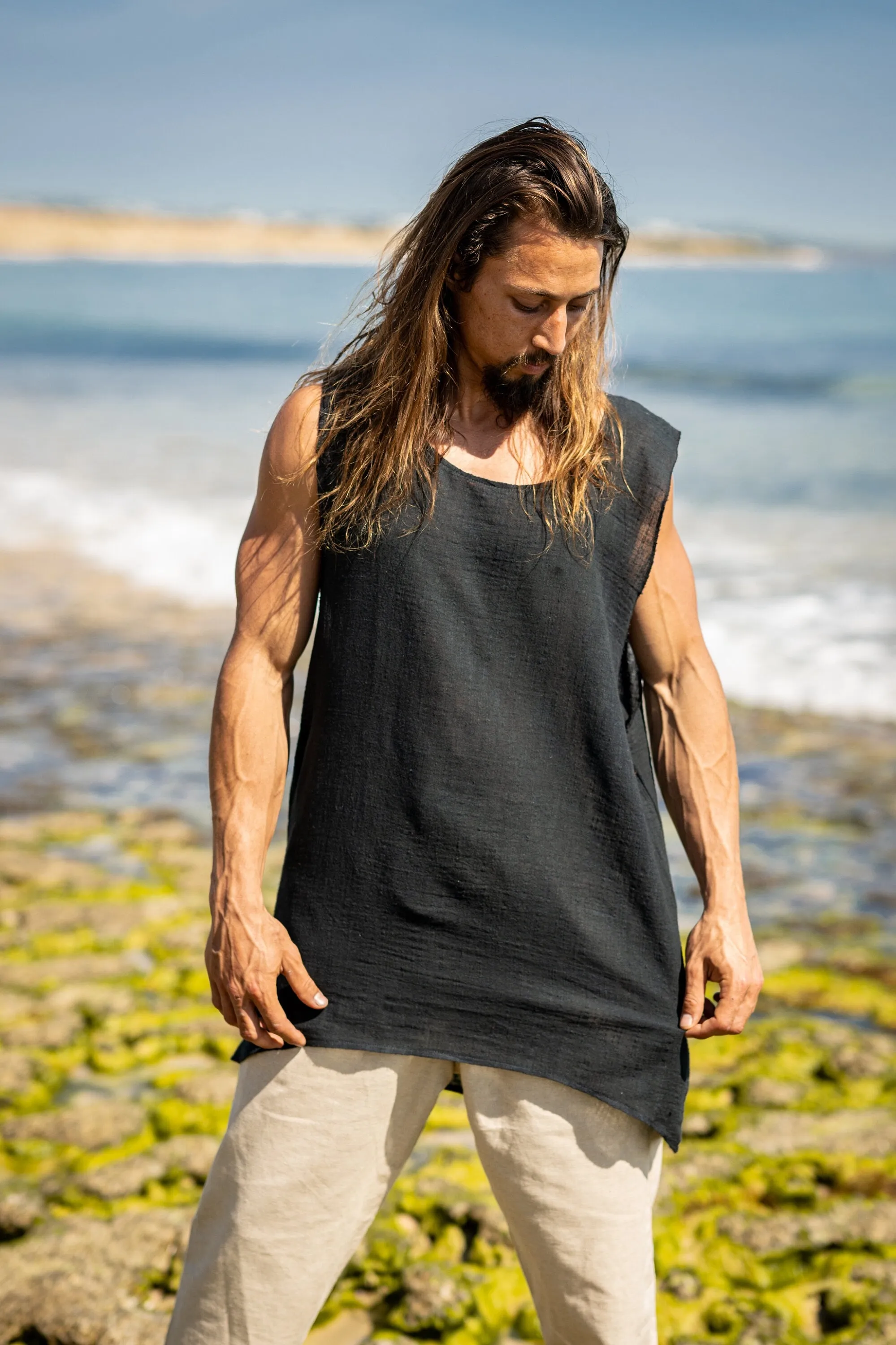 BALAKA Tank Top Black Tribal Sleeveless Shirt Ultra Thin Natural Cotton Breathable Loose Fit Festival Plant Based Dyed Muscle Shirt AJJAYA