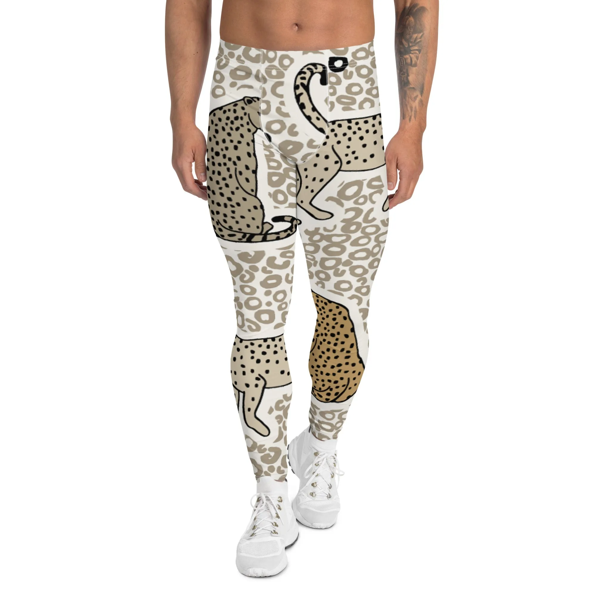 Beige Cheetah Print Men's Leggings, Animal Cheetah Print Best Designer Meggings Tights-Made in USA/EU/MX