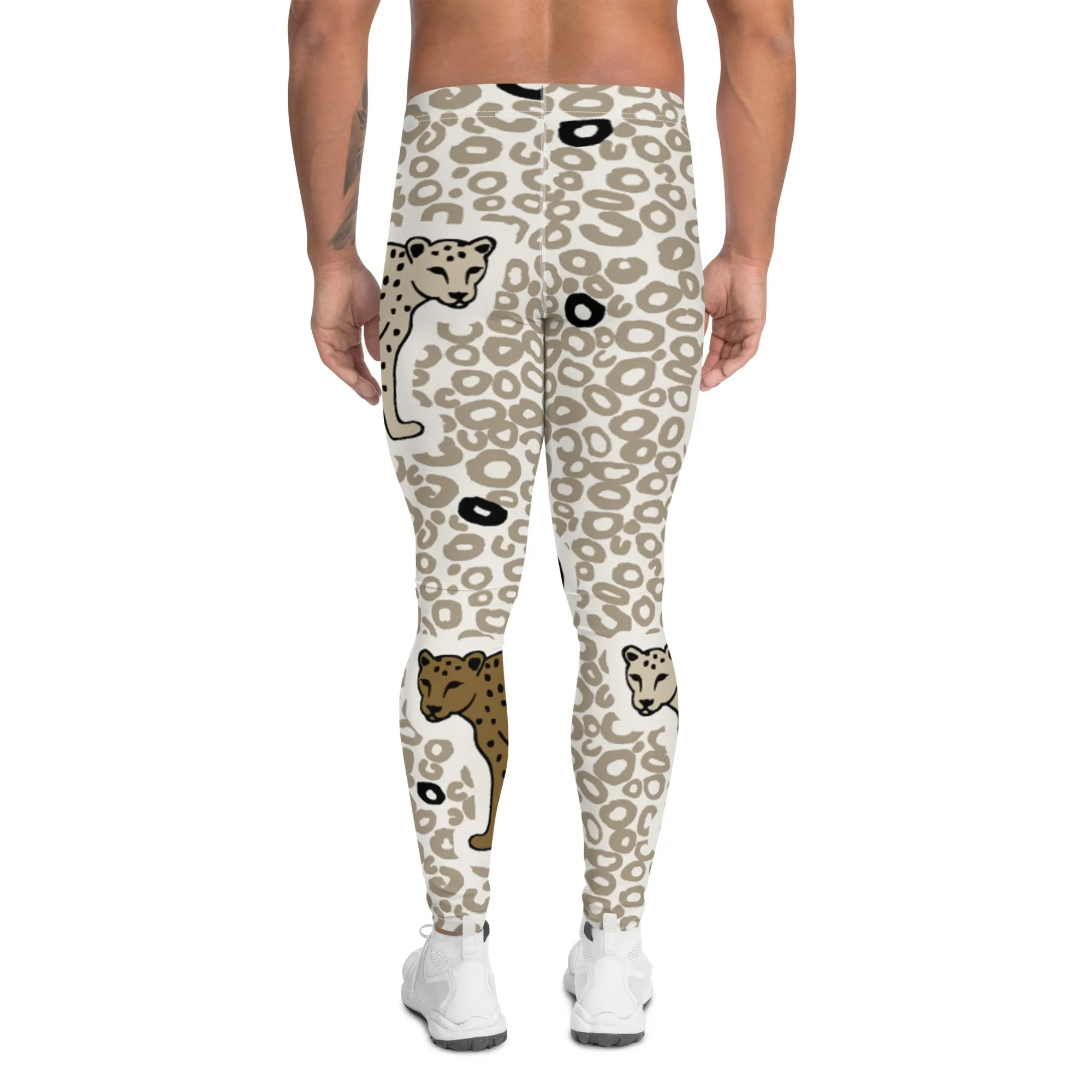 Beige Cheetah Print Men's Leggings, Animal Cheetah Print Best Designer Meggings Tights-Made in USA/EU/MX