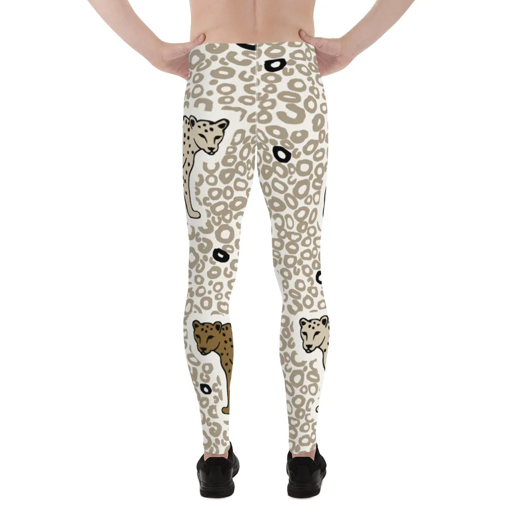 Beige Cheetah Print Men's Leggings, Animal Cheetah Print Best Designer Meggings Tights-Made in USA/EU/MX