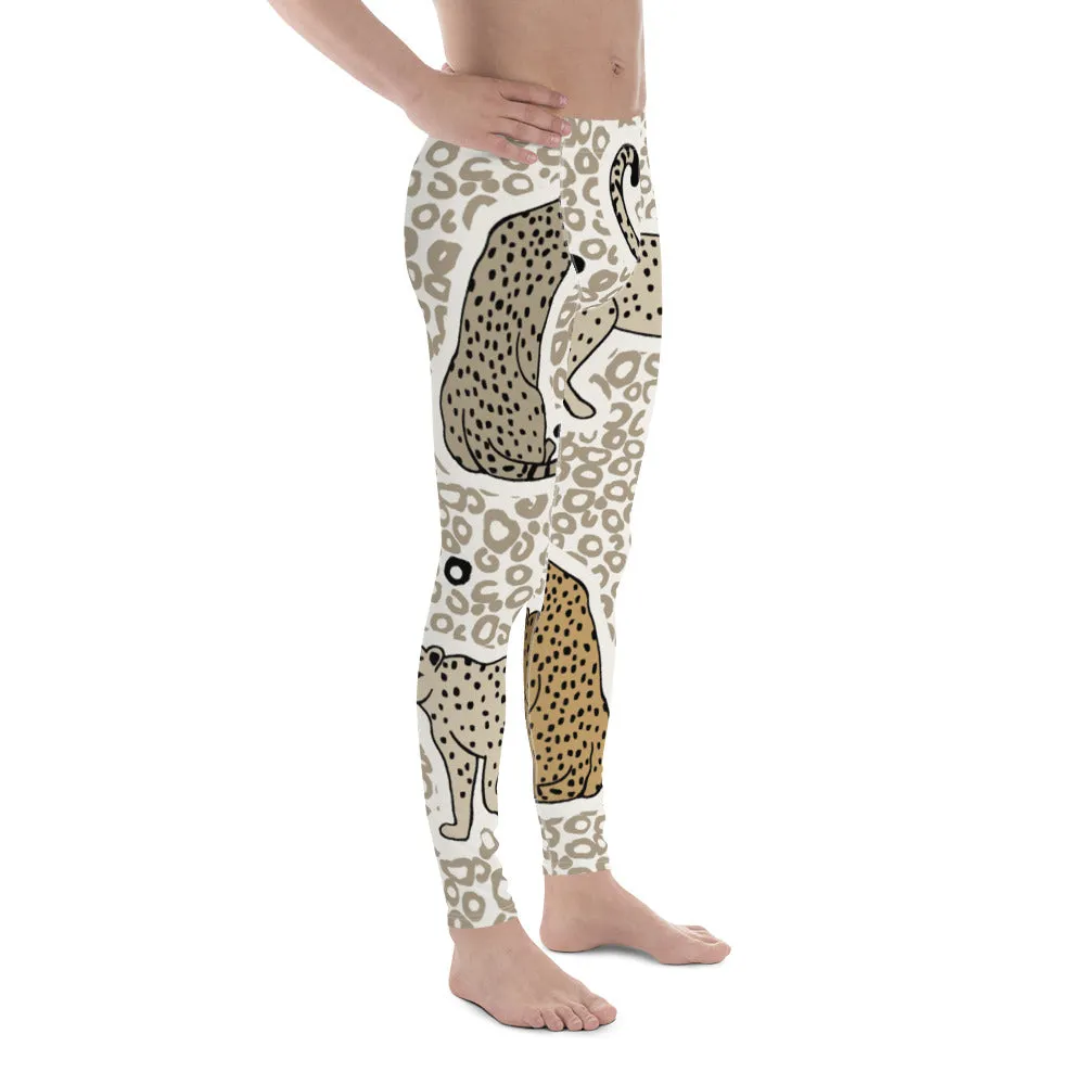 Beige Cheetah Print Men's Leggings, Animal Cheetah Print Best Designer Meggings Tights-Made in USA/EU/MX