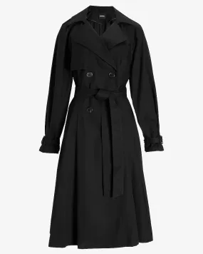 Belted Balloon Sleeve Pleated Trench Coat in Pitch Black