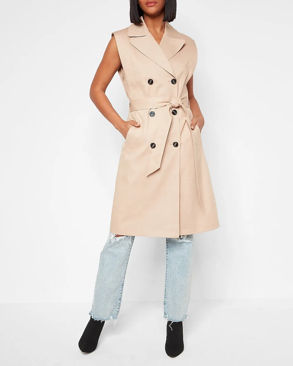 Belted Removable Sleeve Trench Coat in Beige