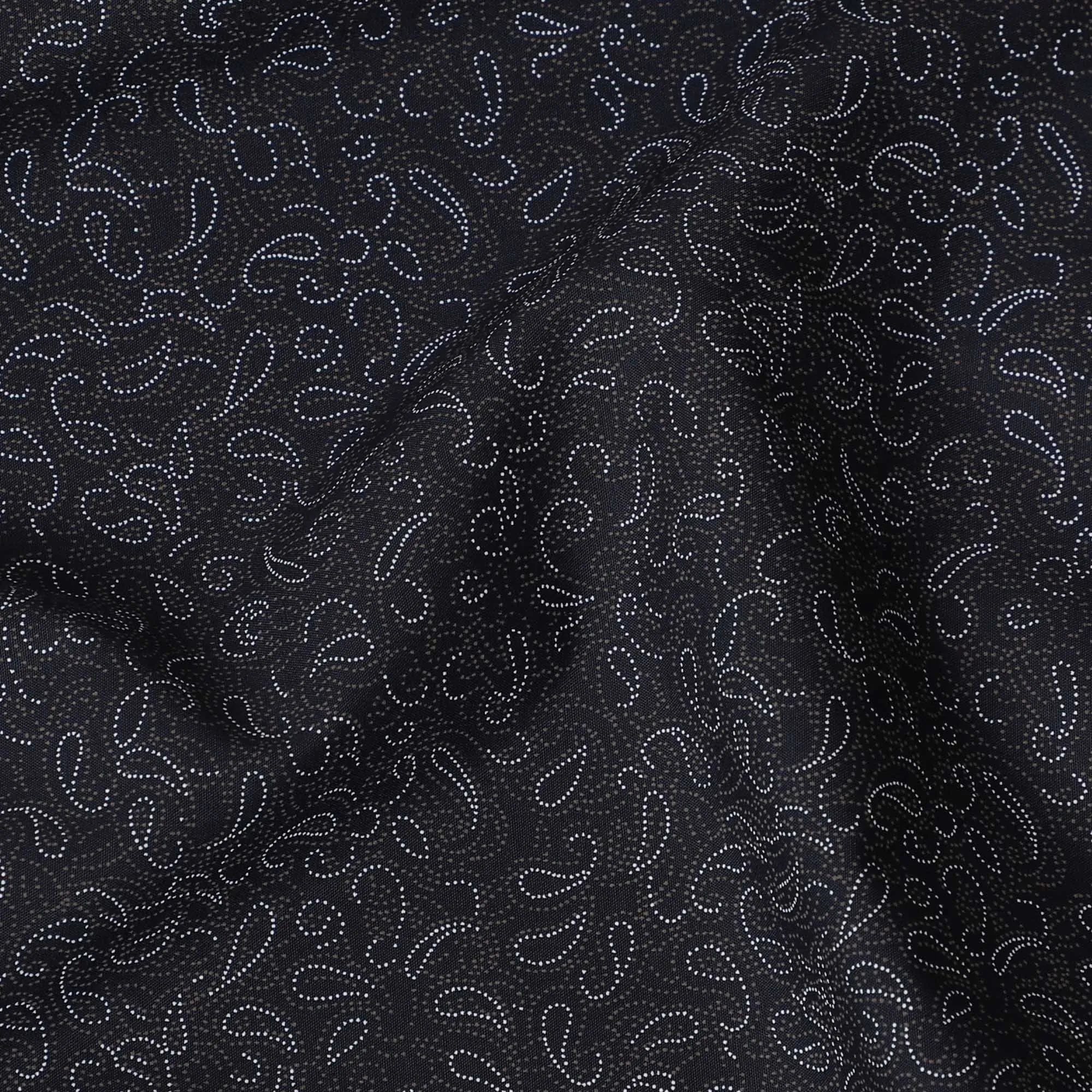 Black blended cotton shirting fabric with white and brown print in paisley design-D16613