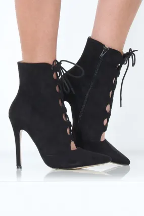 Black Pointed Lace Up Heels - Rosine