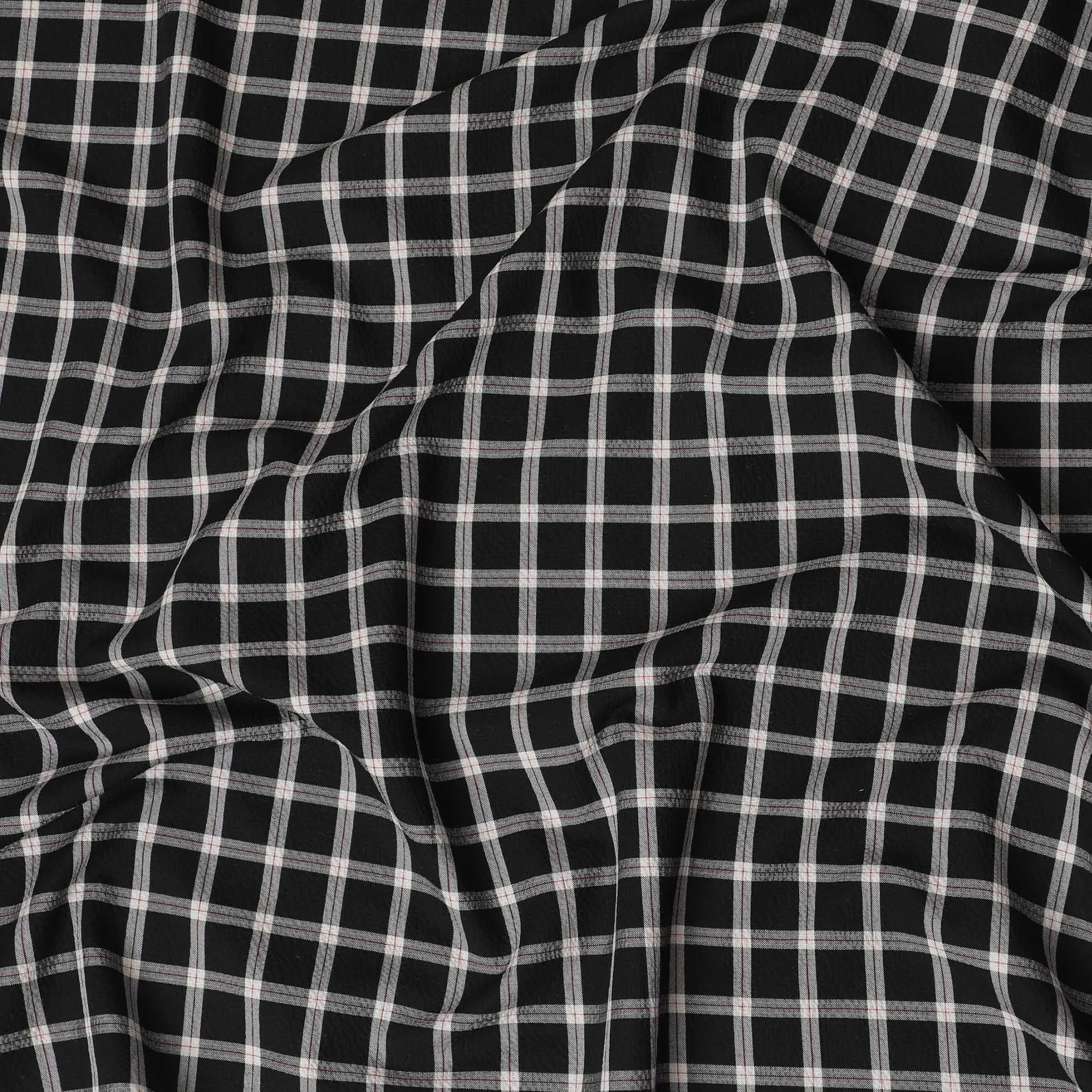 Black Premium 100% cotton shirting fabric with beige and red print in checks design-D16847