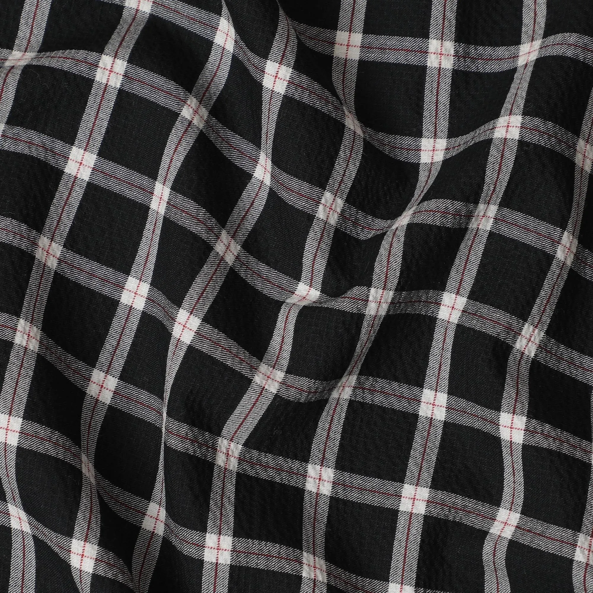 Black Premium 100% cotton shirting fabric with beige and red print in checks design-D16847