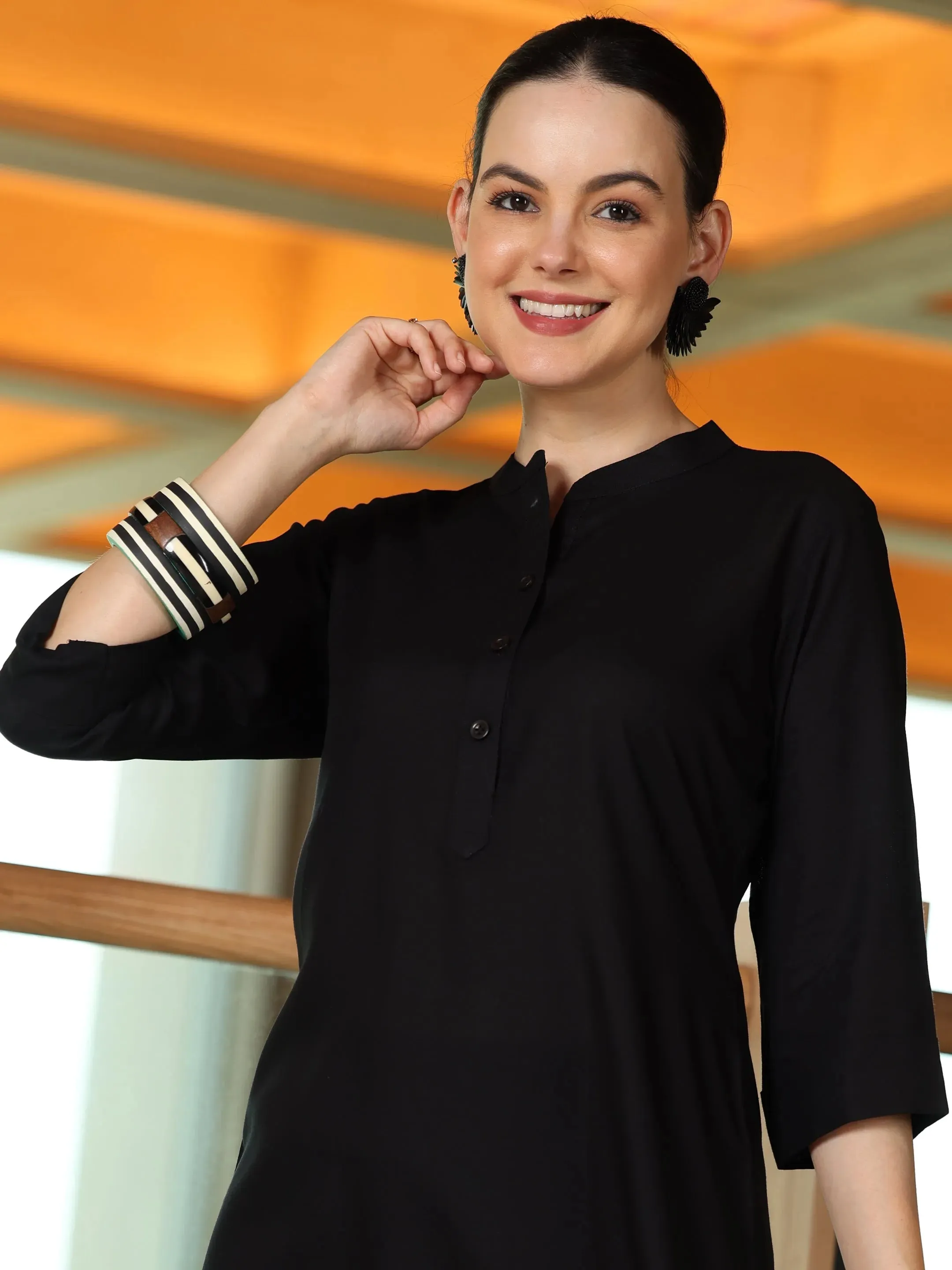 Black Solid Rayon Straight Tunic