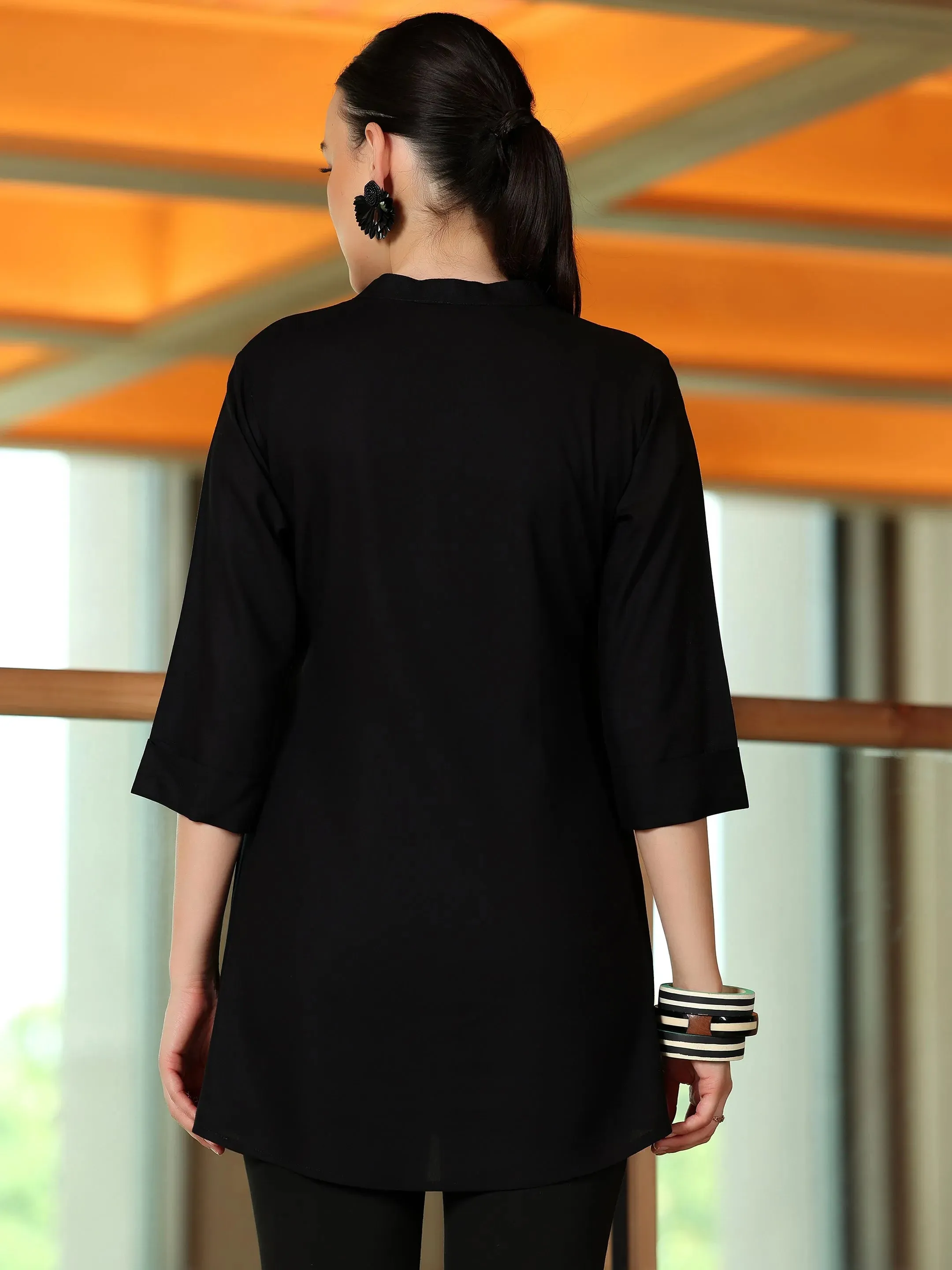 Black Solid Rayon Straight Tunic