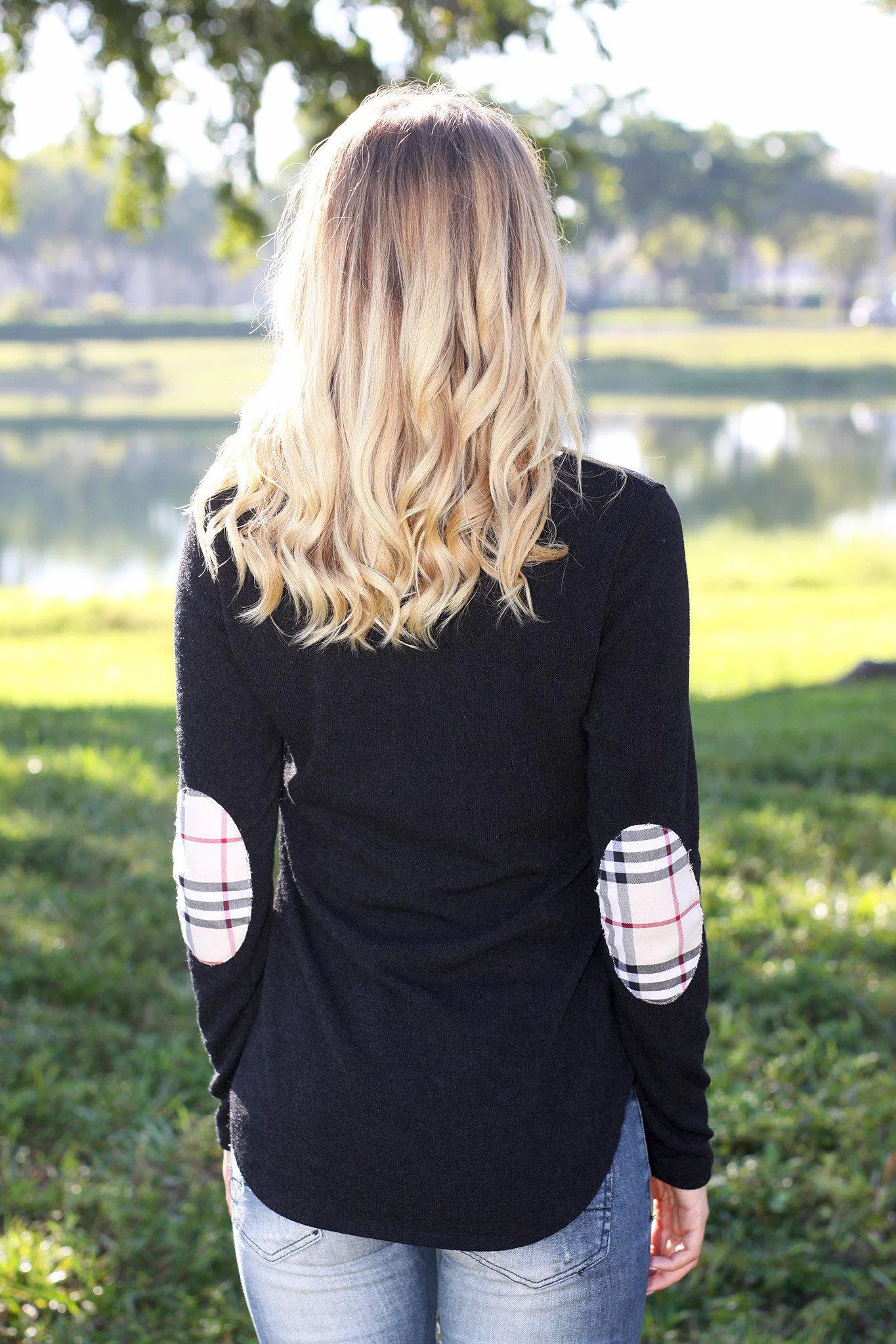 Black Sweater Top with Plaid Elbow Patches