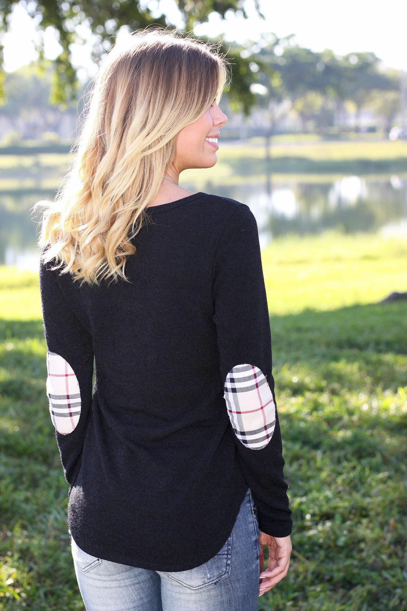 Black Sweater Top with Plaid Elbow Patches