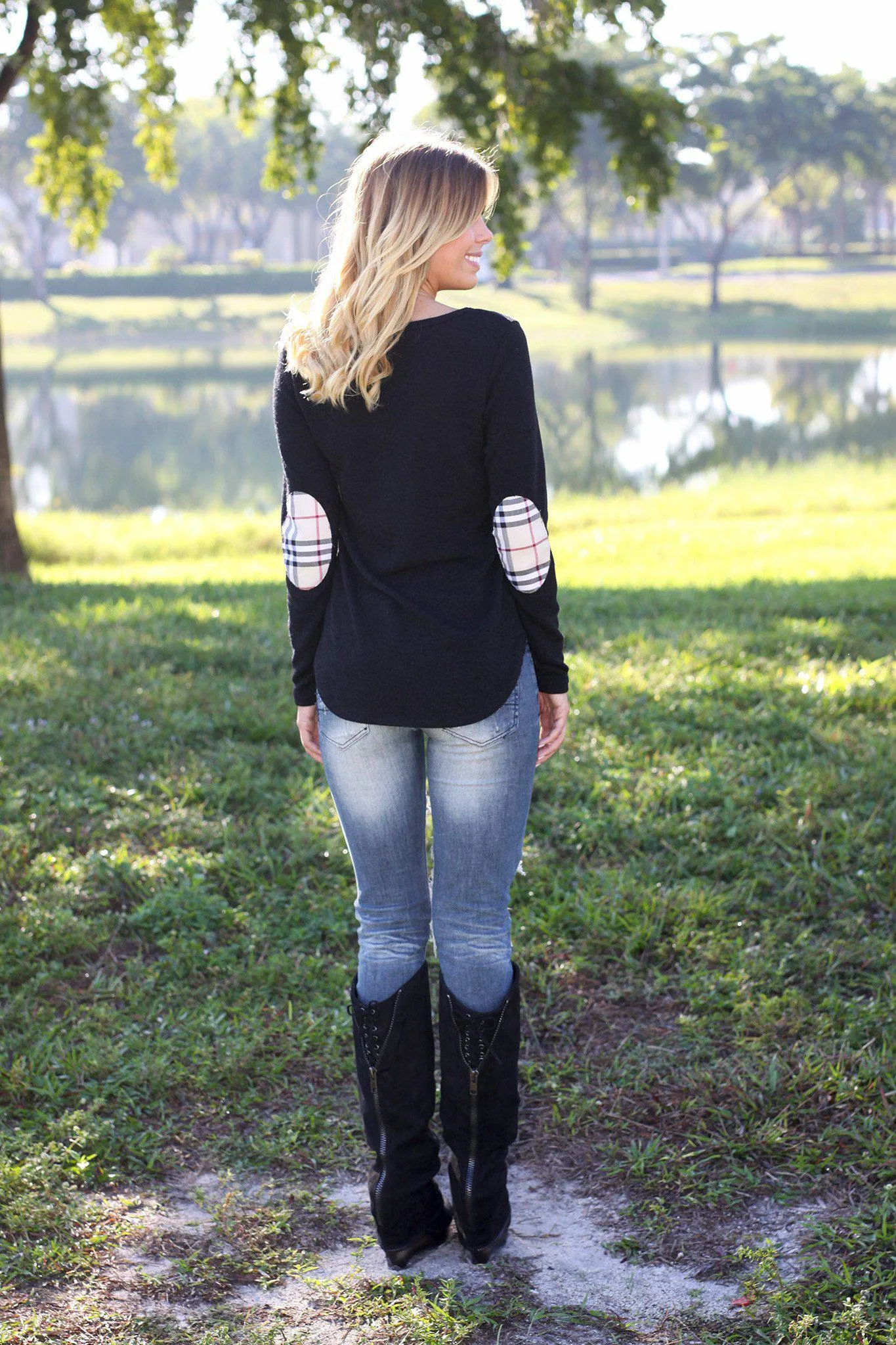 Black Sweater Top with Plaid Elbow Patches