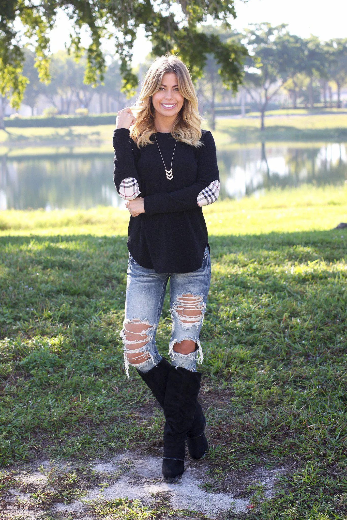 Black Sweater Top with Plaid Elbow Patches