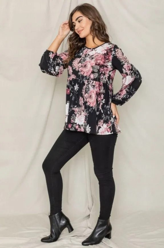 Black w/Pink Floral Peplum Top - #6315-6321